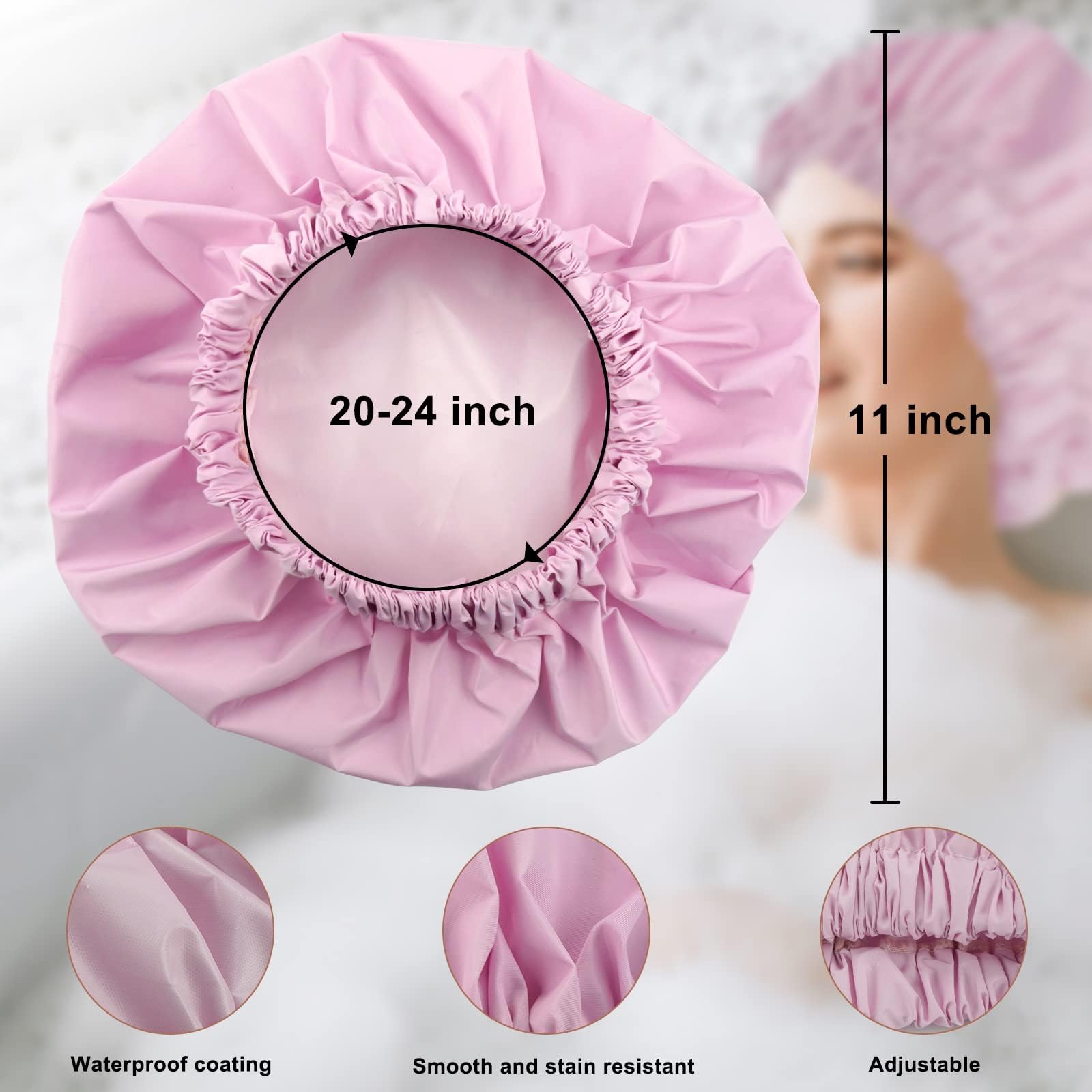 Reusable Shower Cap For Women, Large Waterproof Shower Bonnet Washable Elastic Band Bath Hair Hat For Long Hair, Braids(Black&Pu