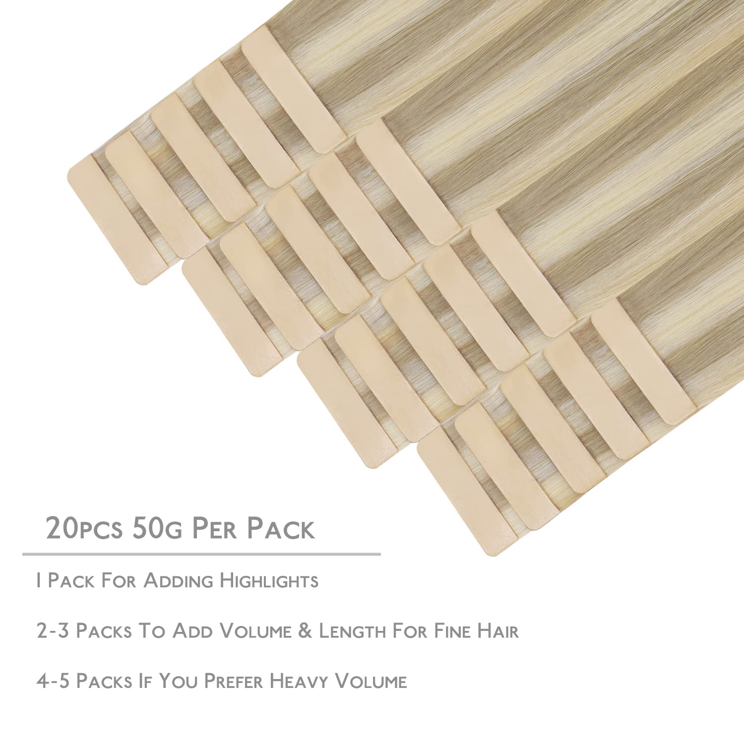 Wennalife Tape In Hair Extensions Human Hair, 20Pcs 20 Inch 50G Ash Blonde To Golden Blonde And Platinum Blonde Remy Tape Hair E