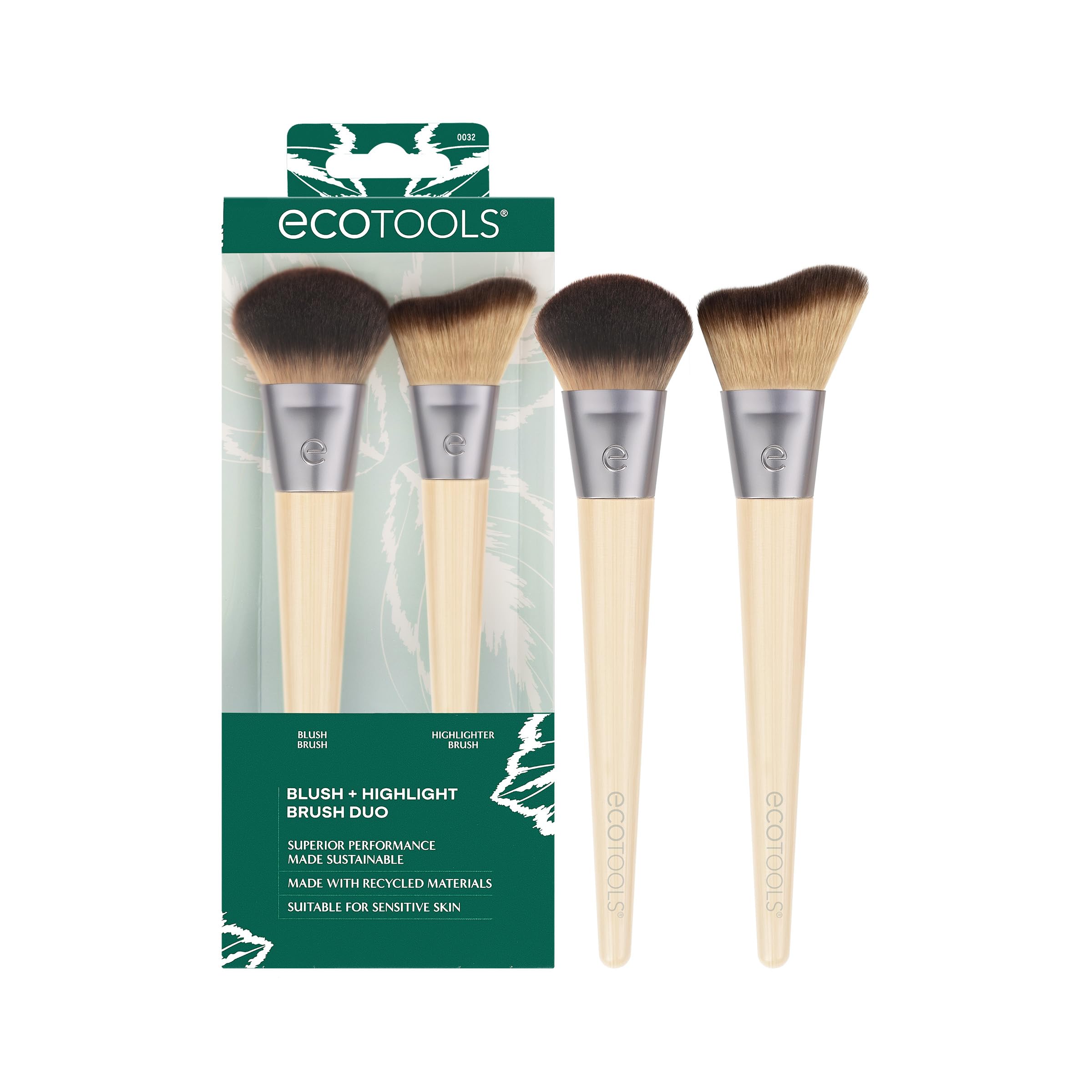 EcoTools Blush + Highlight Brush Duo, Makeup Brushes For Liquid, Cream, & Powder Highlight & Blush, Enhance Natural Skin, Eco-Fr