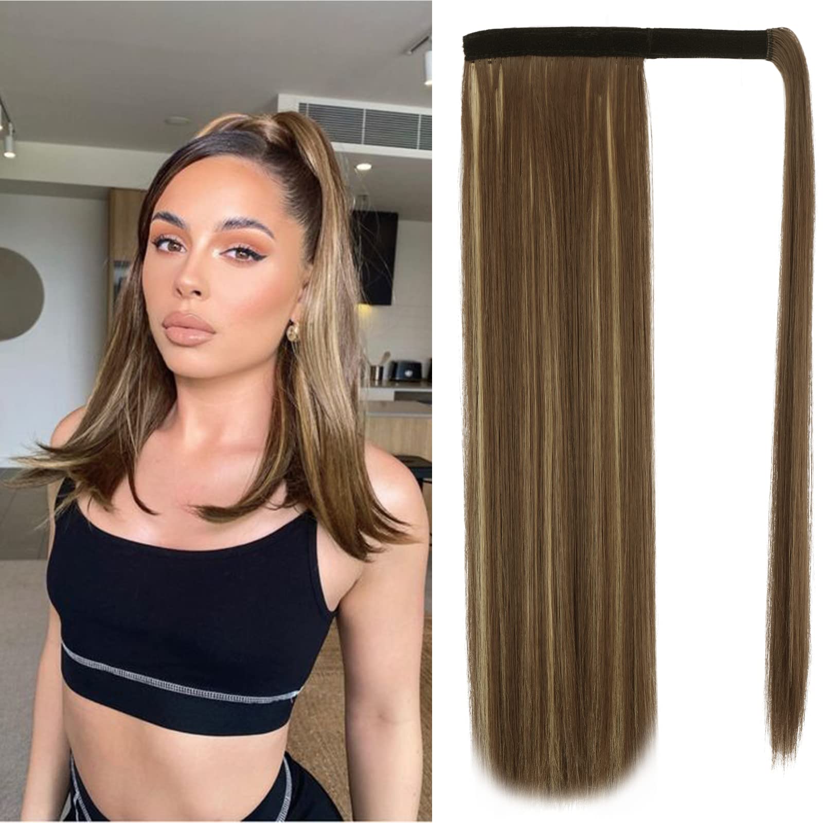 BARSDAR 20 Inch Ponytail Extension Long Straight Wrap Around Clip in Ponytail Hair Extensions Balayage Synthetic Pony Tails Hair
