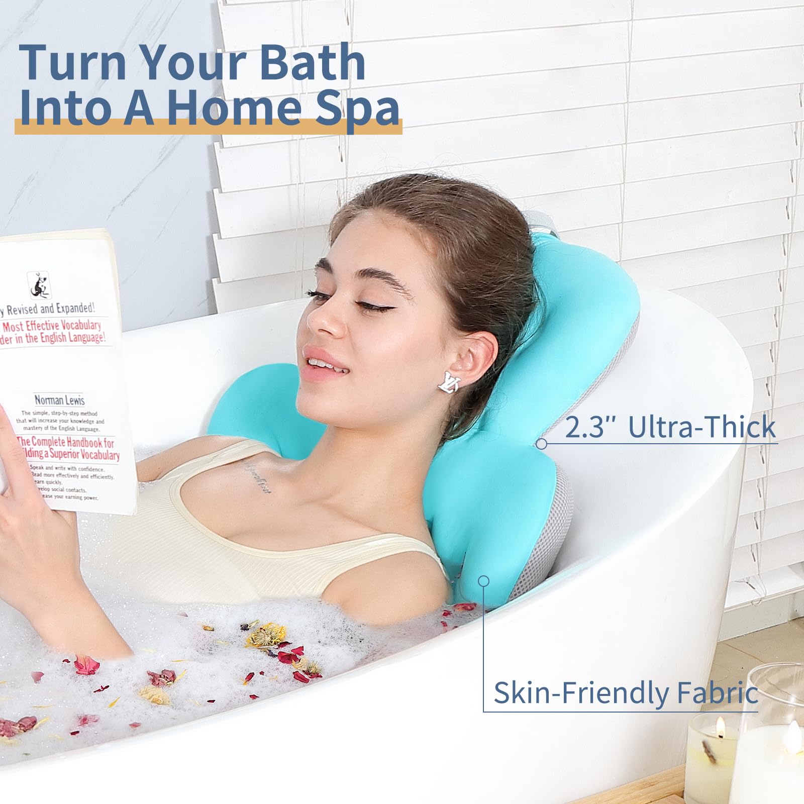 Luxury Bath Cushion, Full Body Bathtub Pillow With 160 Suction Cups, Bath Mat For Head And Neck Support, With Laundry Bag (Blue,