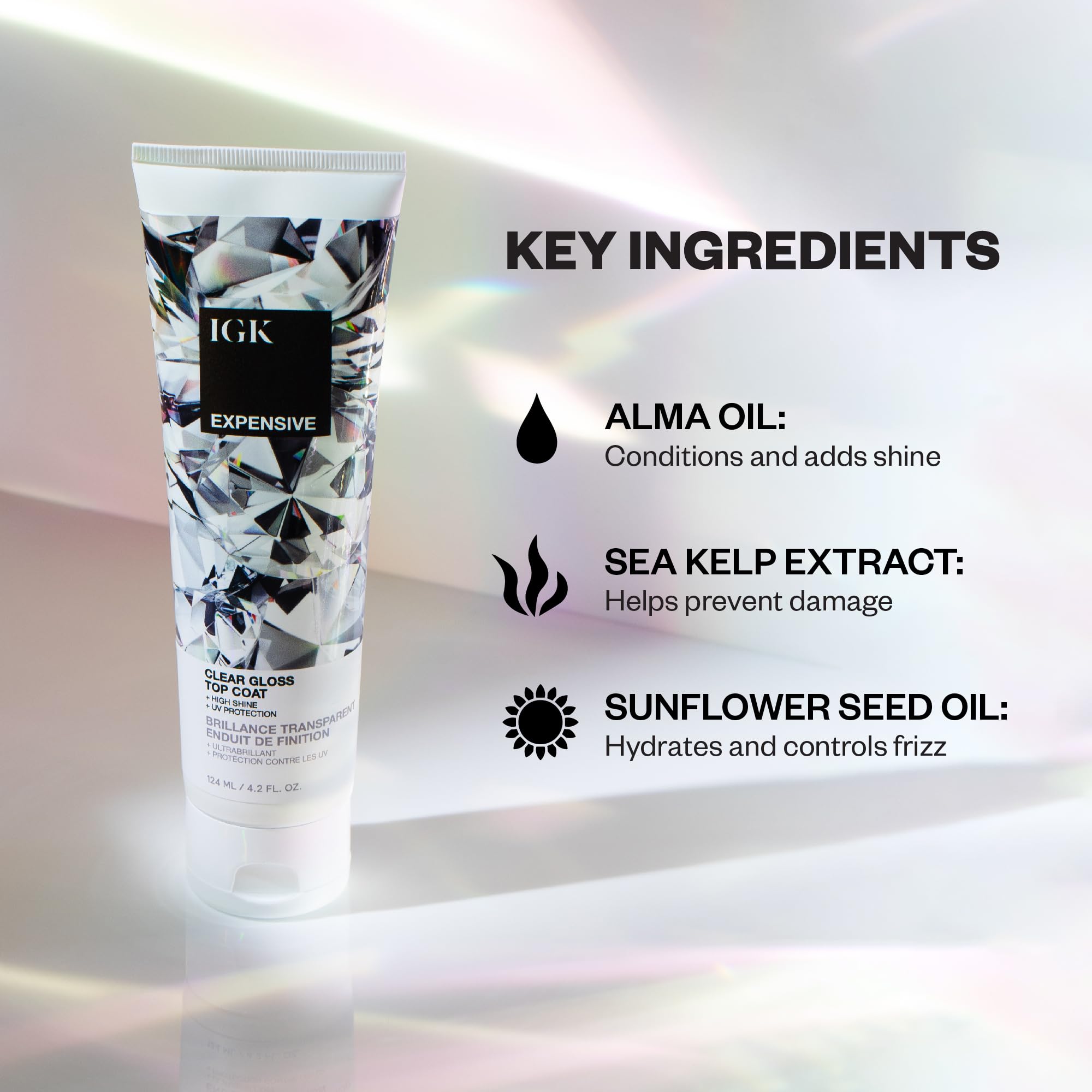 IGK EXPENSIVE Clear Gloss Top Coat - 4.2 Oz, Shine & Strengthen, Vegan & Cruelty Free, Clear Finish for Smooth Hair