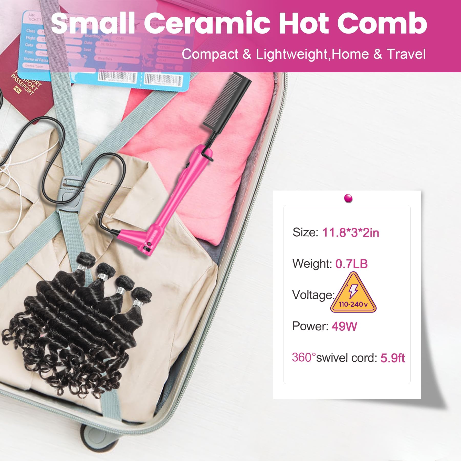 Hair Trends Mini Pink Hot Comb - 500?F Electric Straightening Comb, Portable Ceramic for Black Hair & Wigs, 2 Size