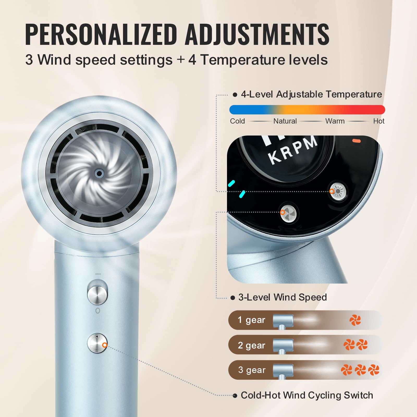 VEVOR High-Speed Hair Dryer with 105,000RPM Brushless Motor, 200 Million Negative Ions Hair Blow Dryer, 4 Temps & 3 Speeds, LCD