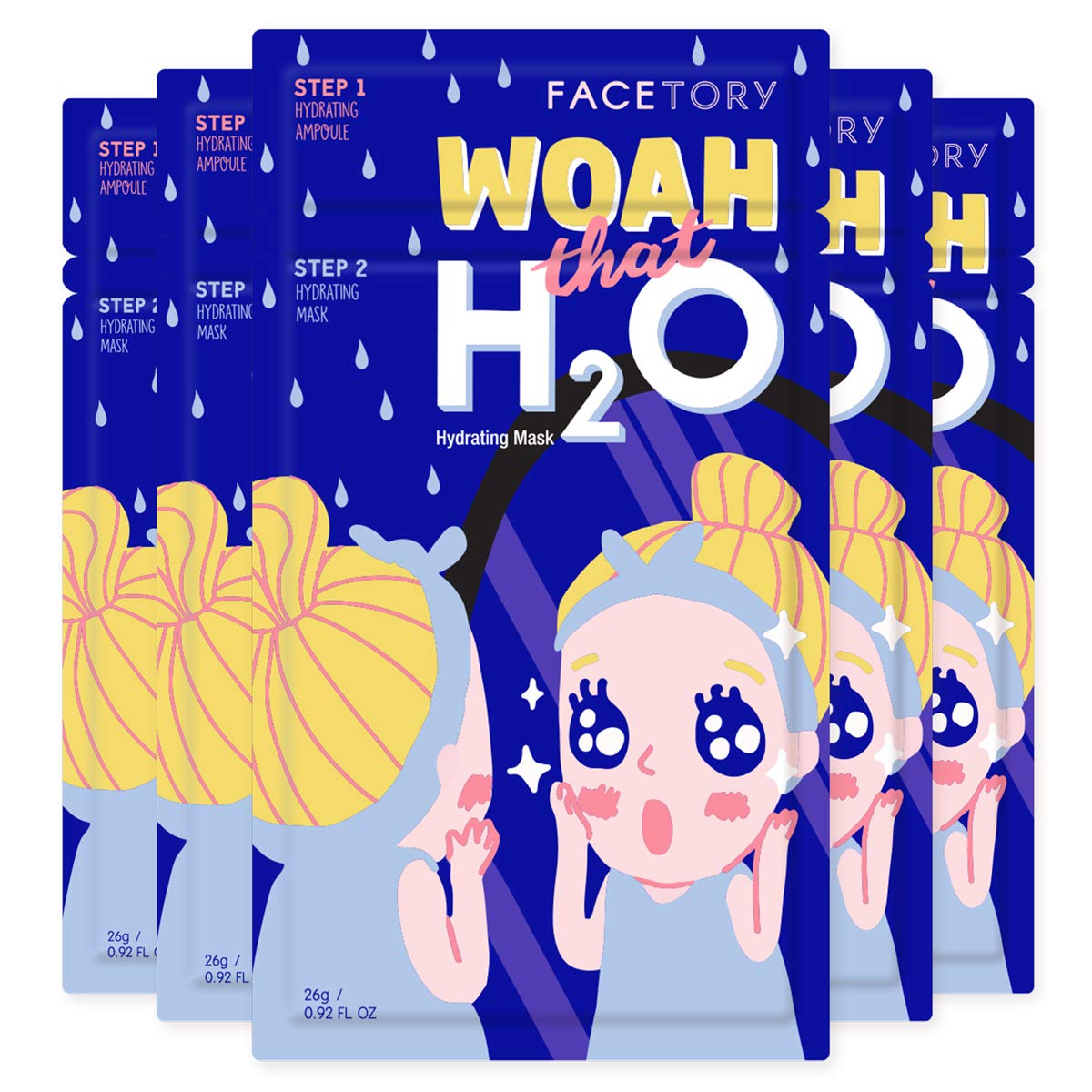 FAcETORY Woah that H2O Hydrating 2-Step Hyaluronic Acid and ceramide Mask - Strengthening and Hydrating (Pack of 5)