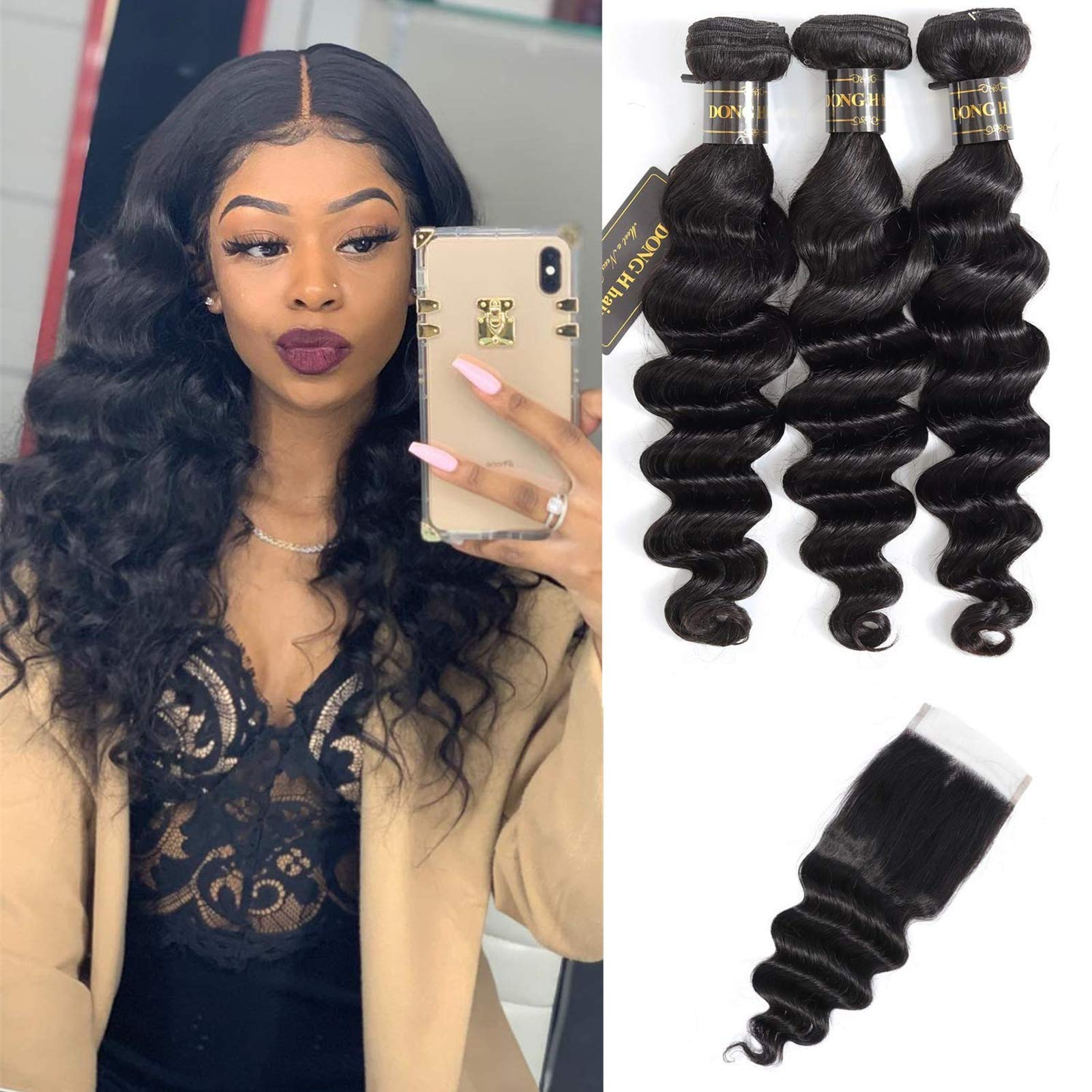 Peruvian Loose Deep Wave Bundles with Closure, (16''18''20''+14Closure)8A Peruvian Virgin Hair Loose Deep Hair Bundles with 4X4 