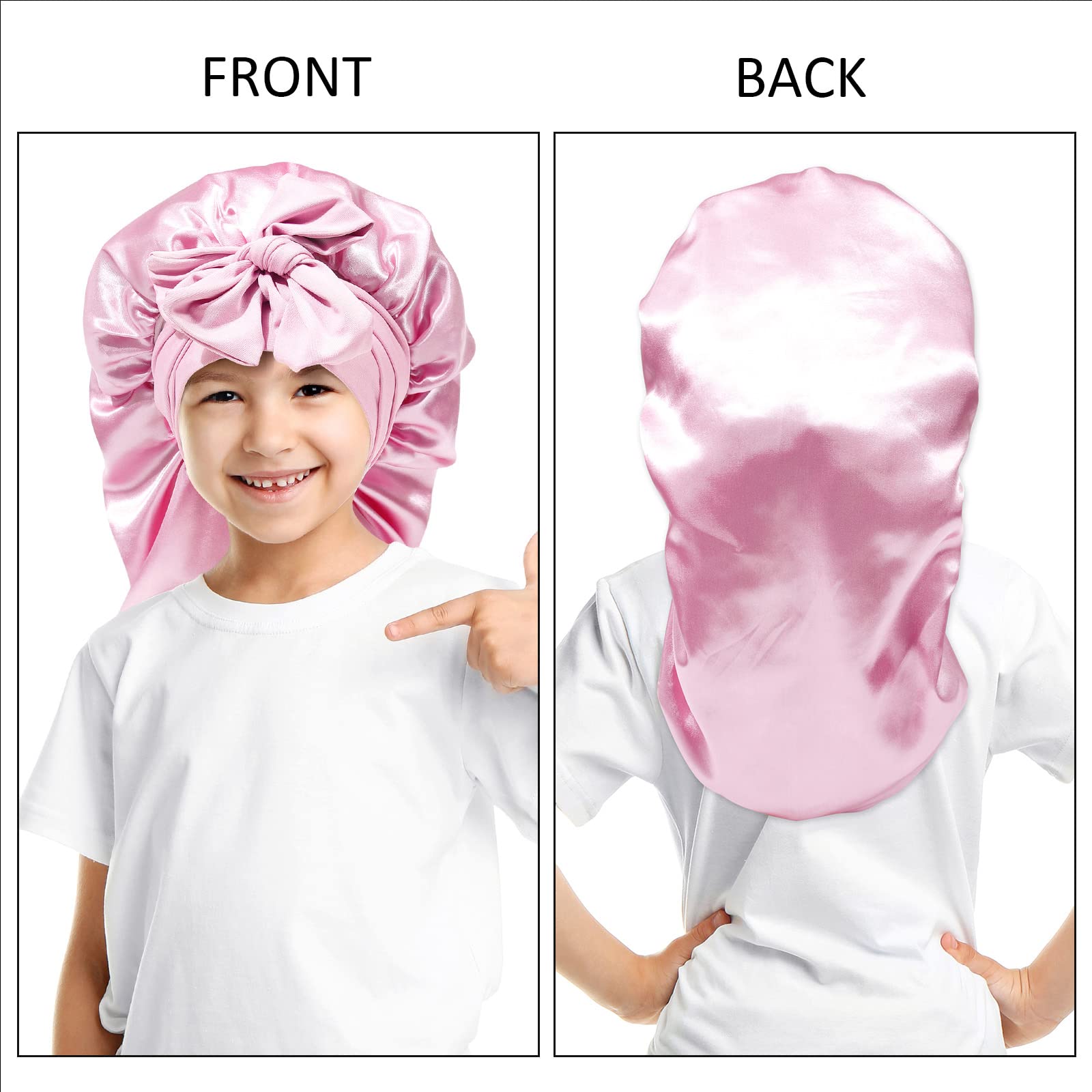 Awaytr Long Toddler Silk Bonnet For Sleeping Elastic Satin Bonnets For Curly Hair Braid Bonnet Night Cap For Aged 3-12 Kids (Pin