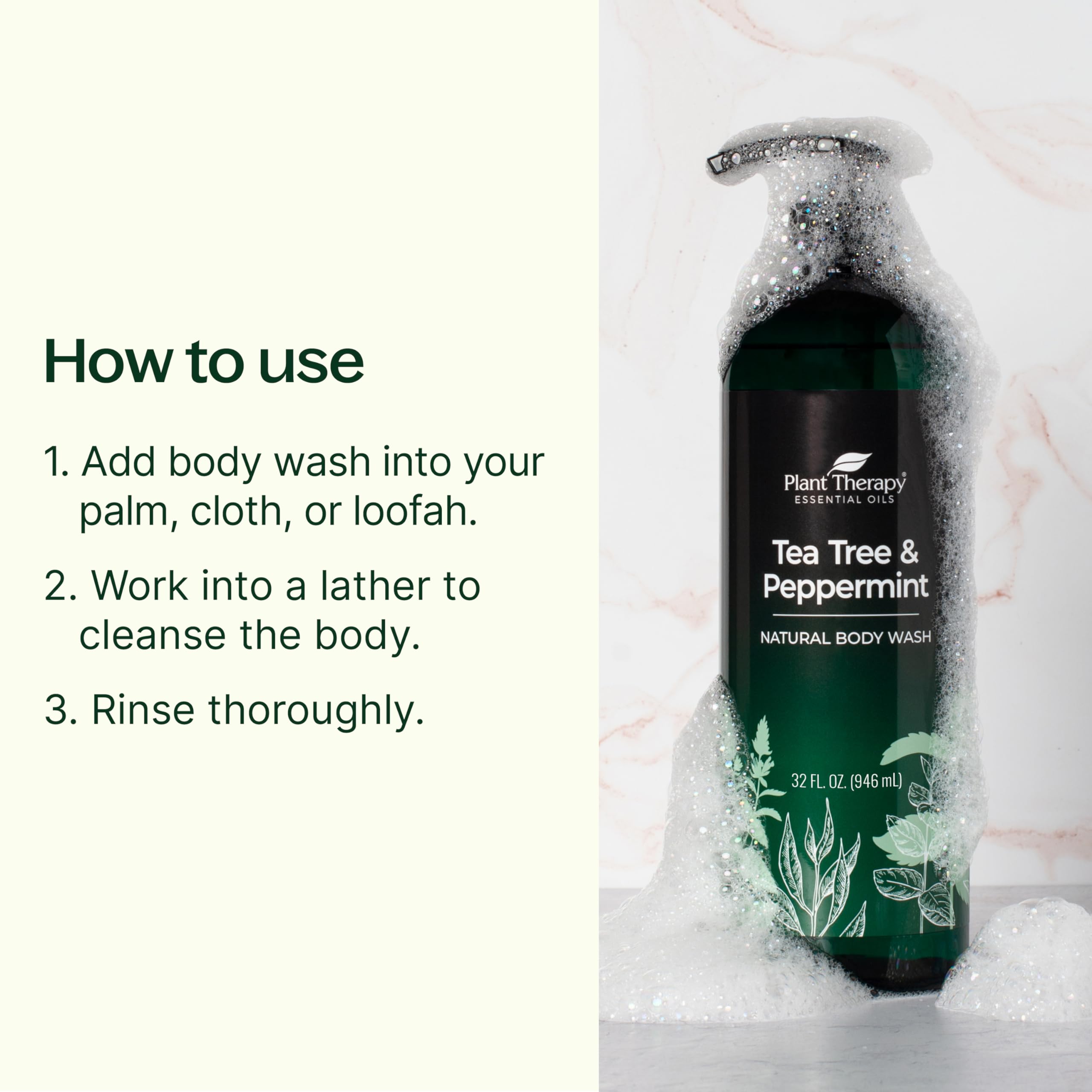 Plant Therapy Tea Tree And Peppermint Essential Oil Natural Body Wash W/Pump 32 Oz With 2Oz Travel Size, For All Skin Types, Sul