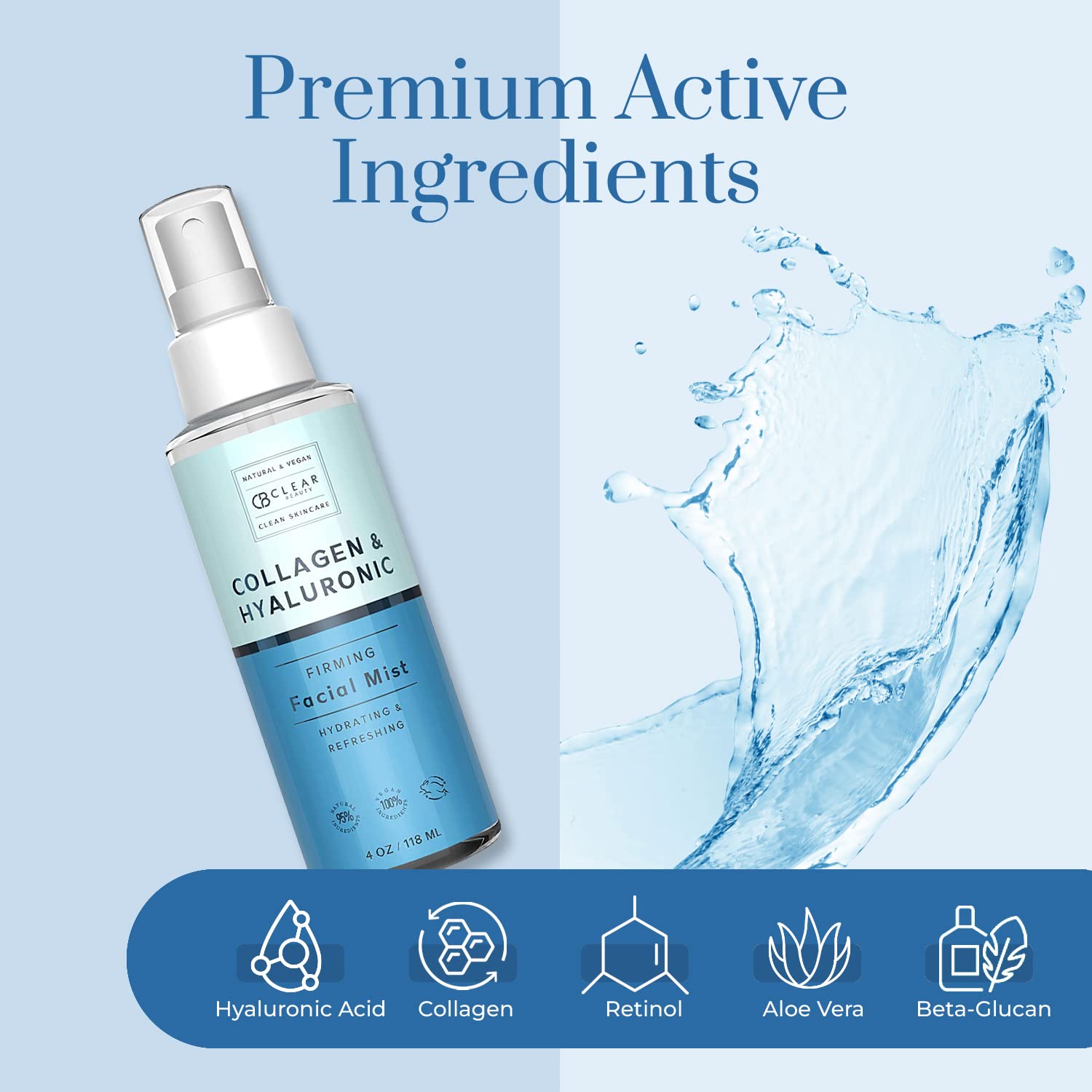 Clear Beauty Hyaluronic Acid & Collagen Face Mist - Moisturizes & Hydrates Skin & Calms Redness, Balancing & Toning Facial Mist