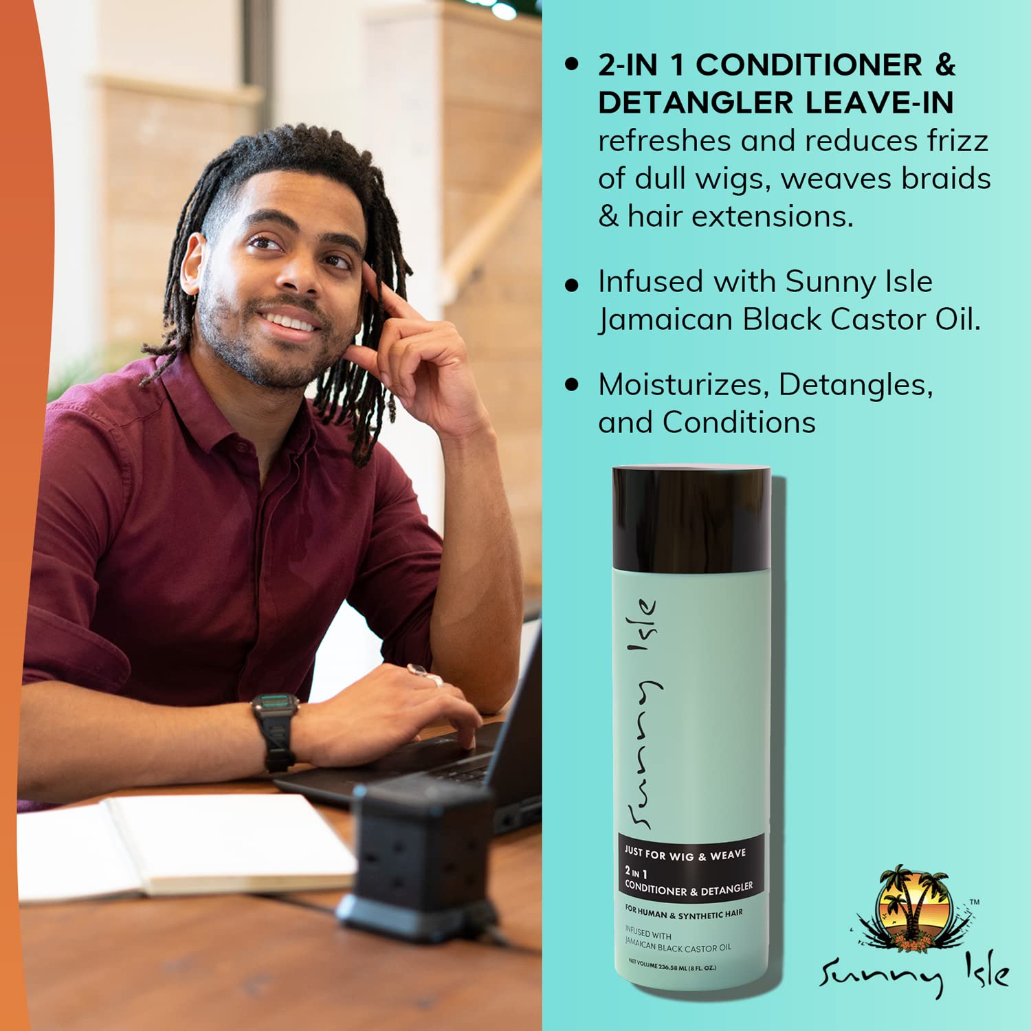 Sunny Isle Just for Wig, Weave, Braid, & Extensions 2N1 Conditioner and Detangler 8oz | For Synthetic & Natural Hair | Aloe Vera