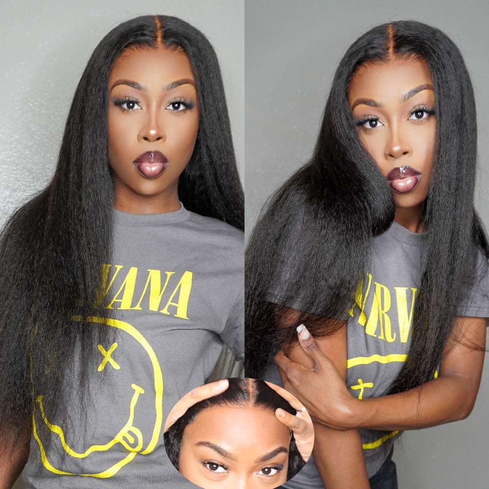 Domiso 28 Inch Glueless Wig Human Hair Yaki Hair Pre Cut 6x4.6 HD Lace Wig Kinky Straight Lace Front Wigs Human Hair for Women B