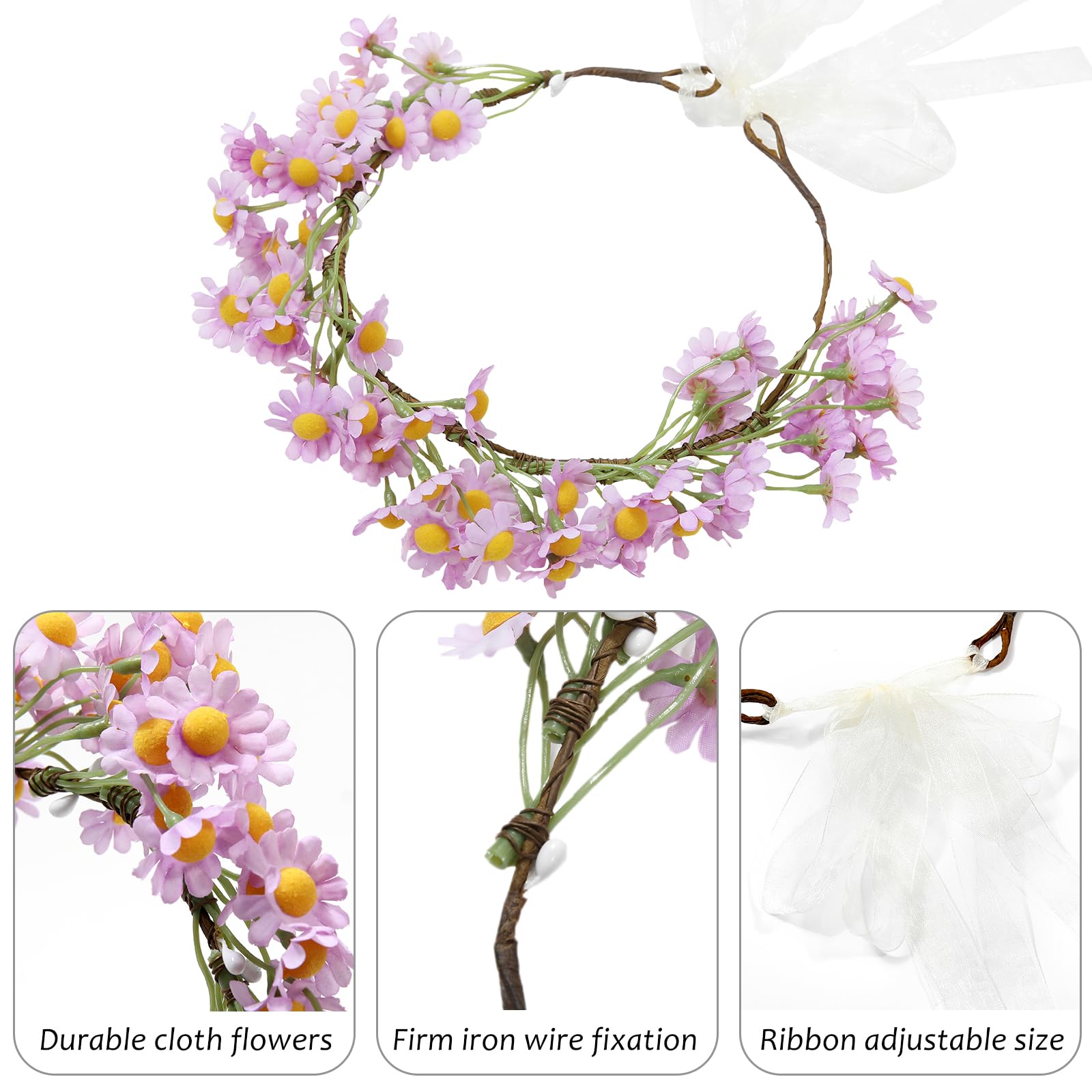 Awaytr Flower Hippie Floral Crown - Boho Sunflower Headband For Women, Hippie Costume And Hair Accessories (Purple)
