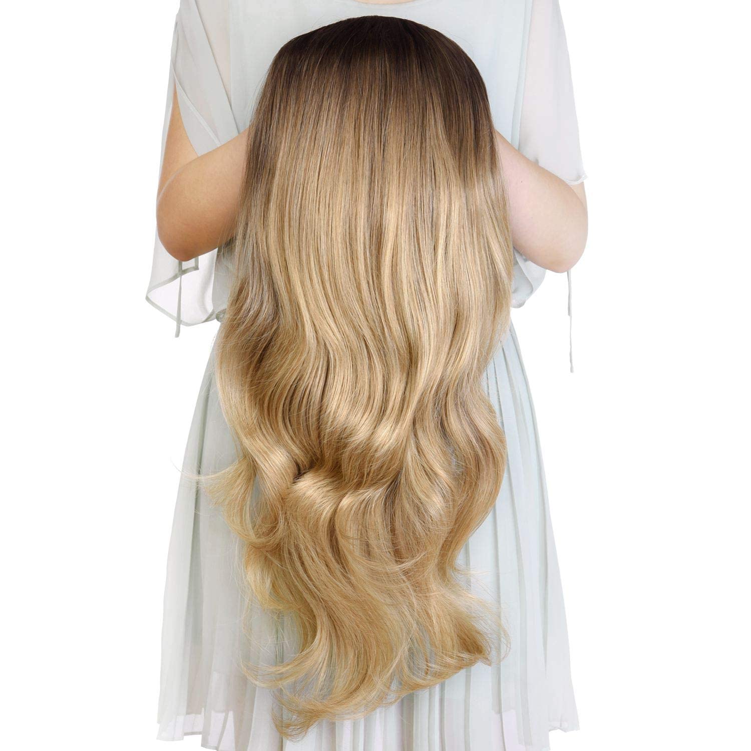 24'' Long Wavy Clip In Half Head Tied Wig Blonde Premium Japanese Synthetic Kanekalon Fibers Hair Extensions For Women 210G 7-2-