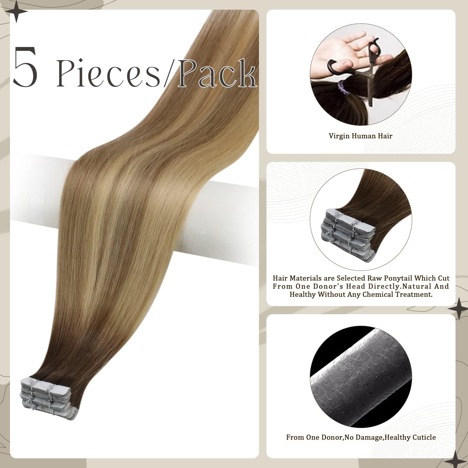 Full Shine Injected Tape In Hair Extensions 5Pcs 18 Inch Virgin Injection Tape In Extensions Color 3 Brown Fading To 8 Ash Brown