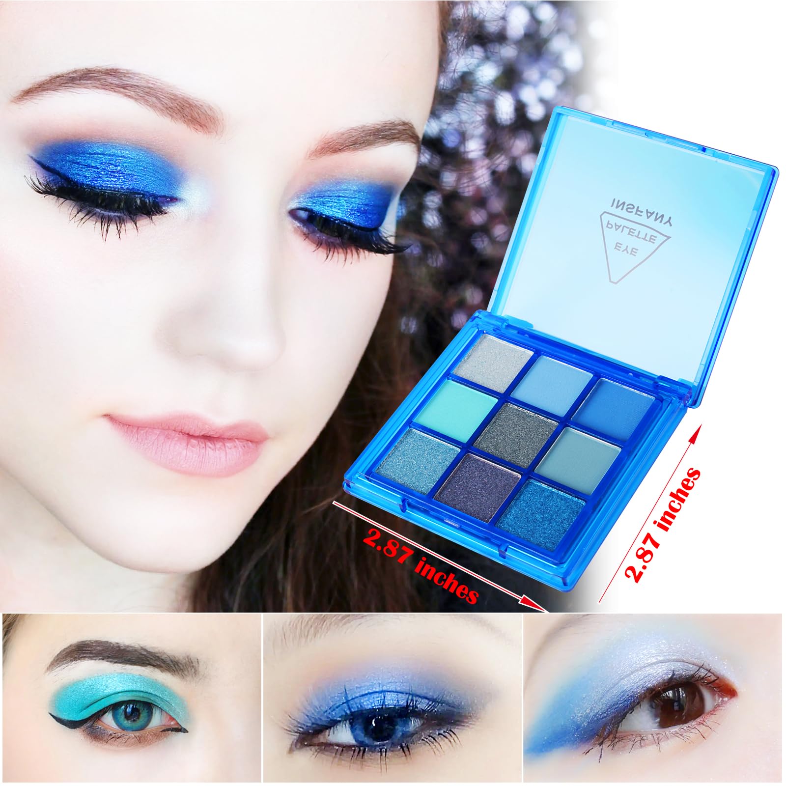 Meicoly Blue Eyeshadow Palette,9 Colors Matte Glitter Eye Shadow Palette,Metallic Silver Bright Waterproof Pressed Avatar Sally