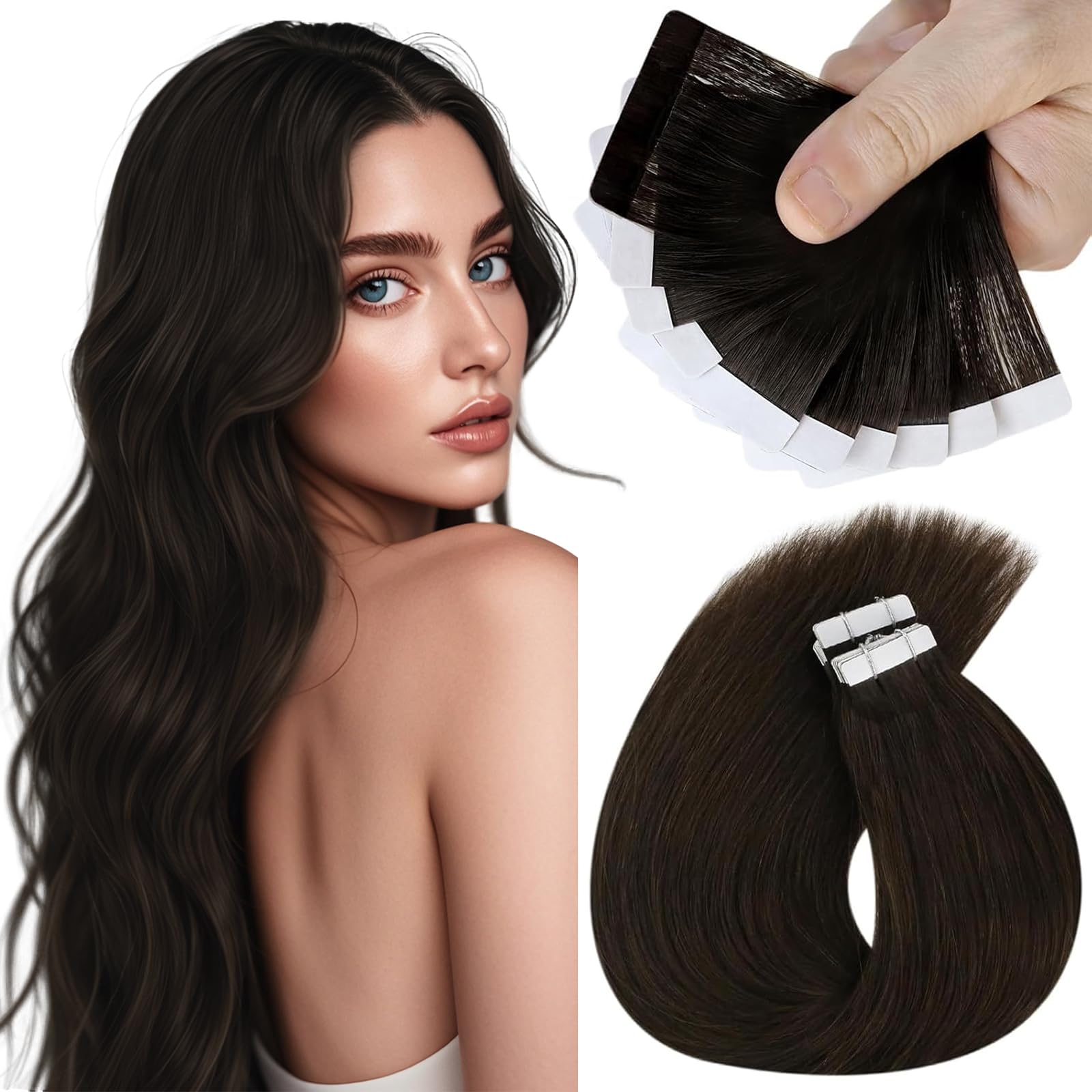 Sunny Hair Tape in Hair Extensions Real Human Hair Invisible Remy Hair Extensions Tape ins for Women Darkest Brown 14 inch 25G