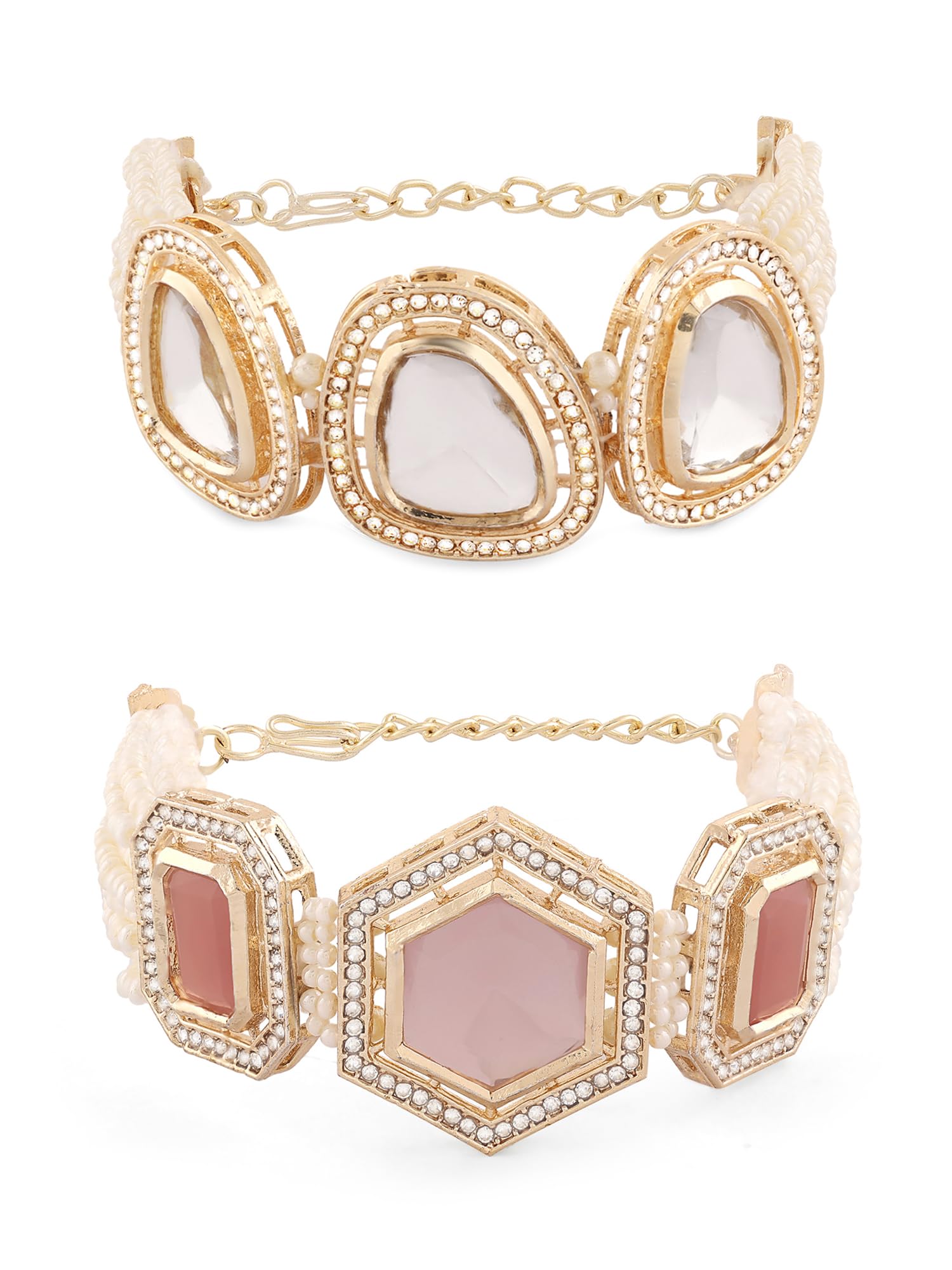 Zaveri Pearls Set Of 2 Pink & Gold Tone Multistrand Kundan & Beads Ethnic Bracelet For WomenZpfk16849
