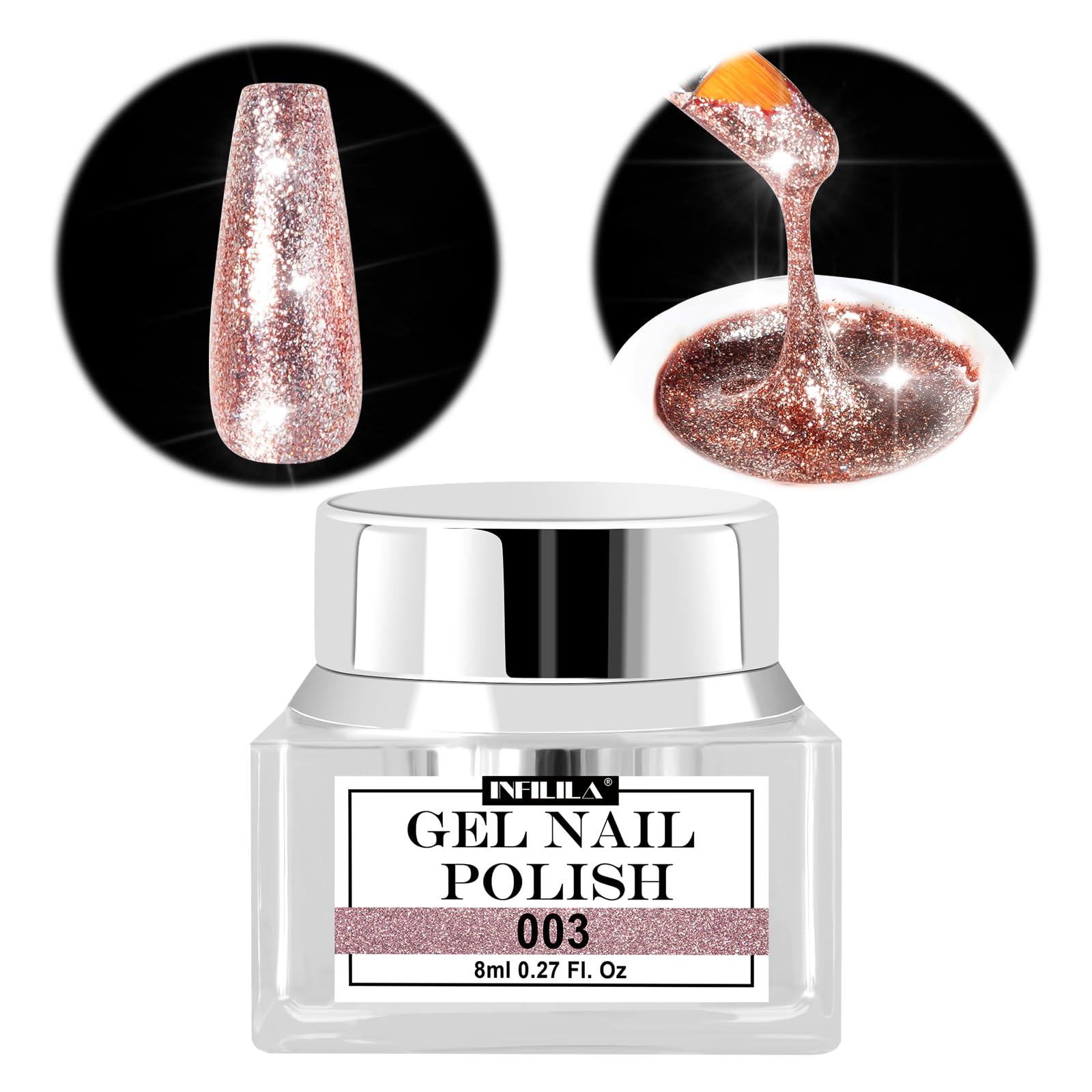 NXJ INFILILA Glitter Gel Nail Polish, Rose Gold Nail Gel Polish Shimmer Reflective Gel Liner Nail Polish 3D Nail Art Painted Nai