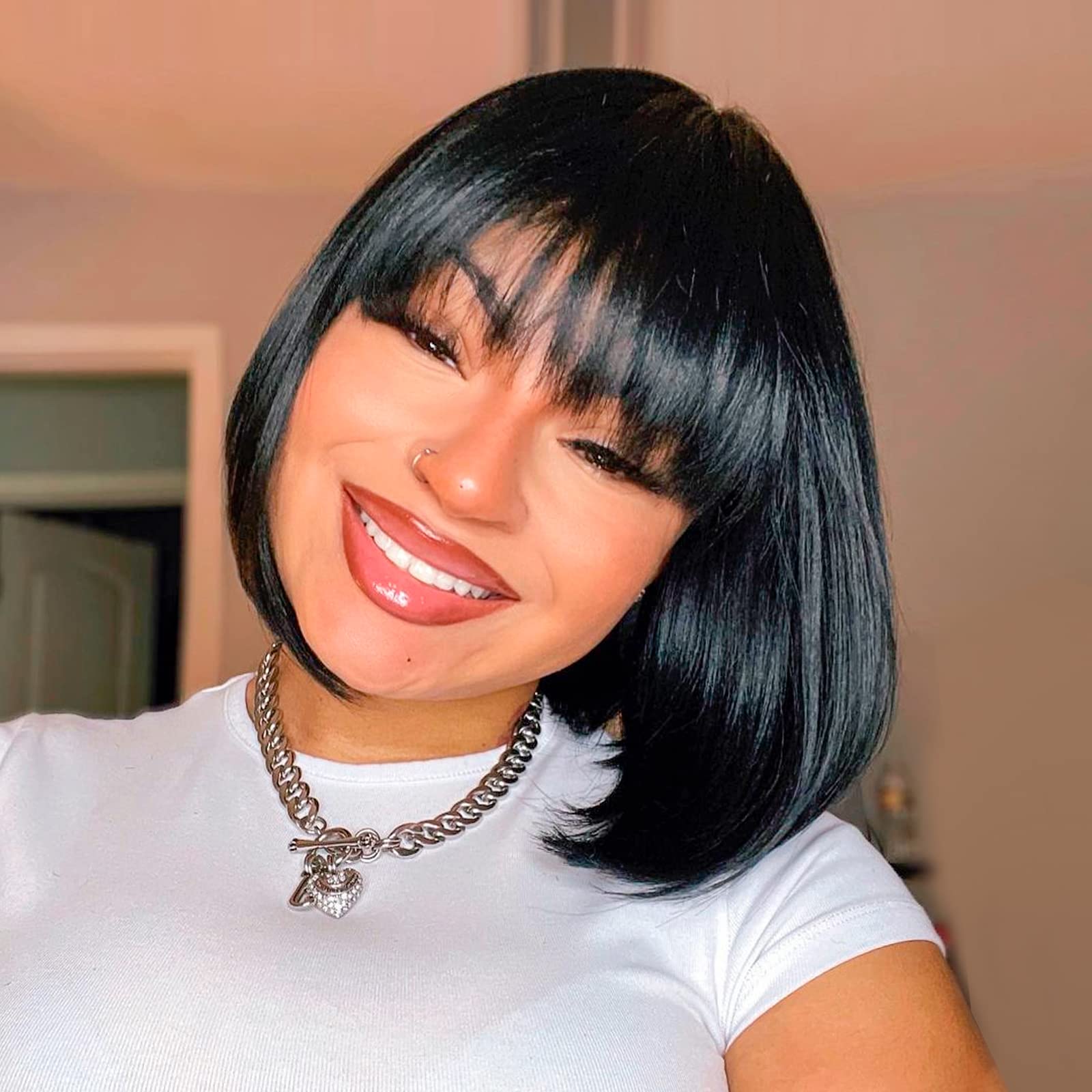 ToyoTress Short Bob Wigs With Bangs - 12 Inch Jet Black Yaki Straight Hair Daily Costume Wig For Black Women, Soft Light Synthet