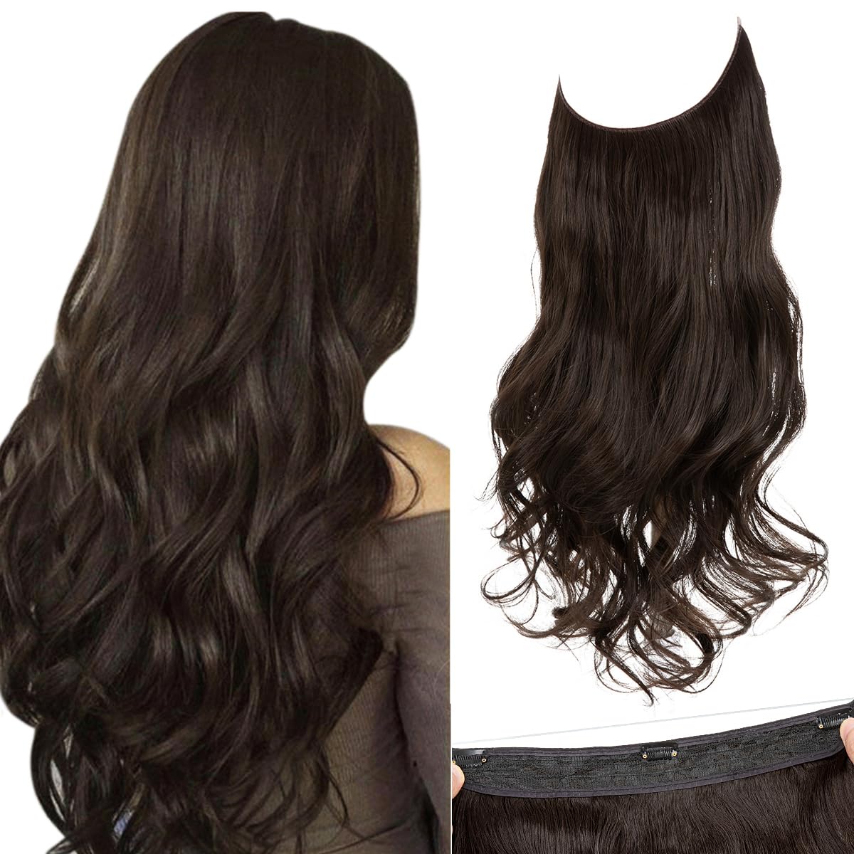 SARLA Dark Brown Invisible Wire Hair Extensions with 3 Clips Long Synthetic Wavy Curly Hairpiece Adjustable Transparent Headband