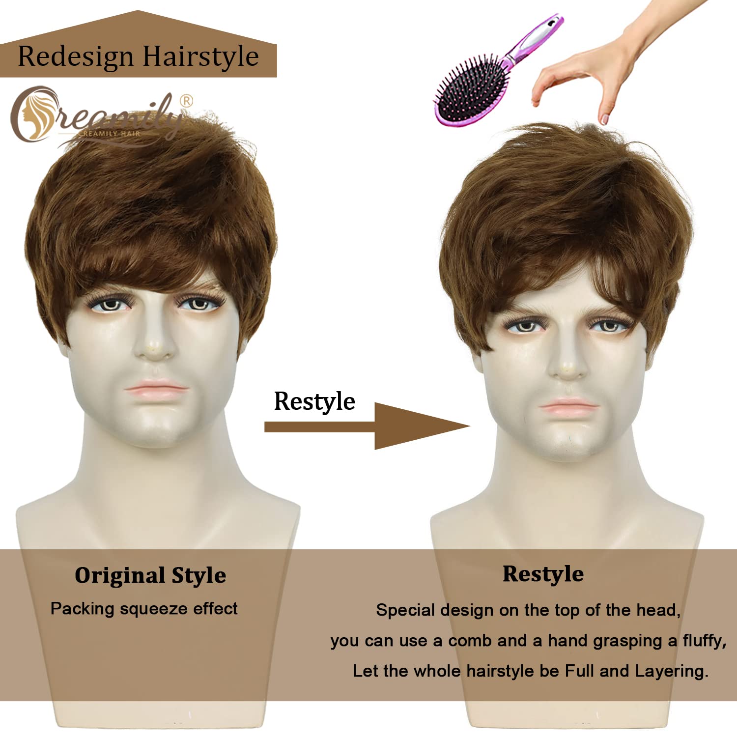 Creamily Short Brown Wig For Mens Wigs Short Hair Replacement Wig Men'S Synthetic Hair Wig Men Realistic Halloween Costumes Part