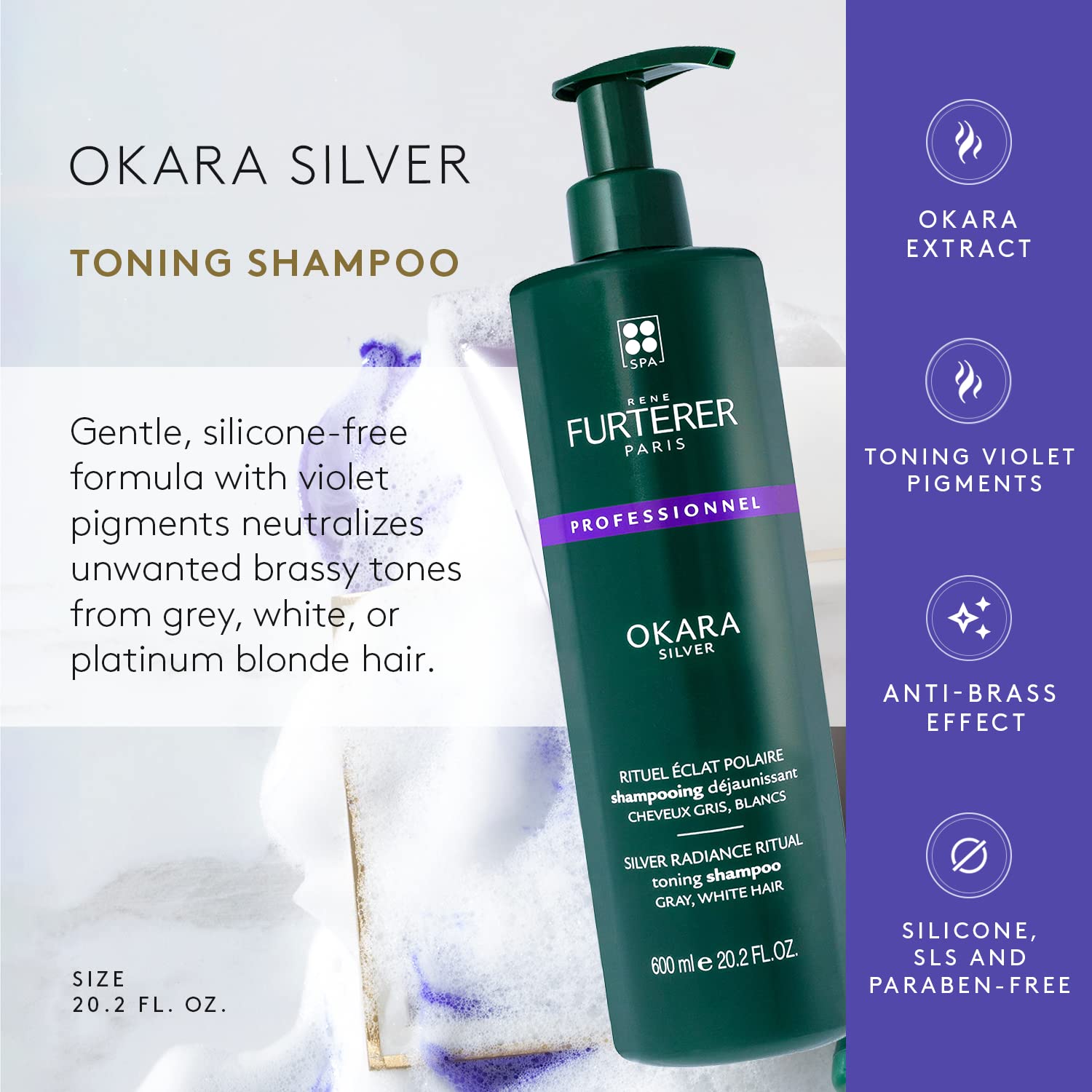 Rene Furterer Okara Silver Toning Shampoo, Purple Shampoo For Blonde, White, Grey, Silver, Pastel Hair, Pump, 20.2 Oz.