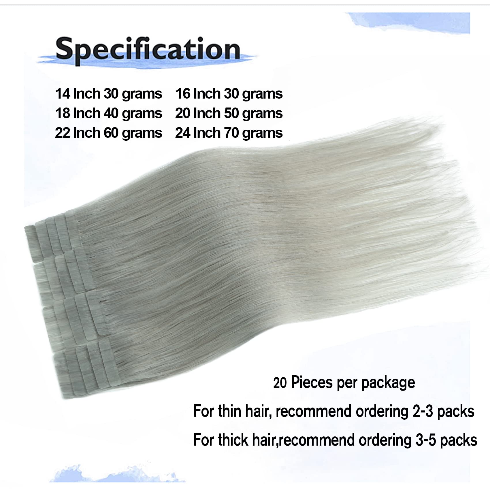 Tape In Hair Extensions Silver Gray 100% Remy Human Hair Extensions Silky Straight For Fashion Women 20 Pcs/Package(20Inch #Sliv