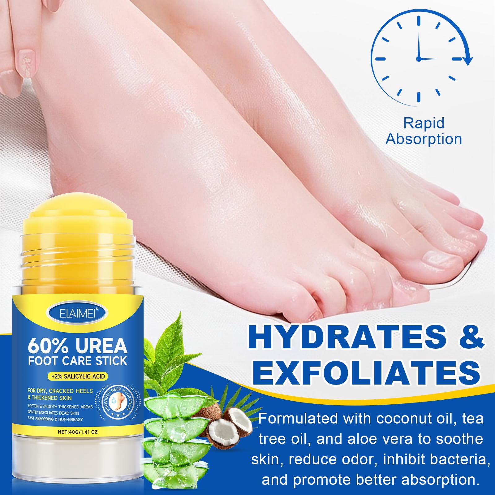 Bieyoc 60% Urea Cream with 2% Salicylic Acid, Urea Foot Cream Stick for Cracked Heels, Calluses and Rough Skin, Portable Foot Ba