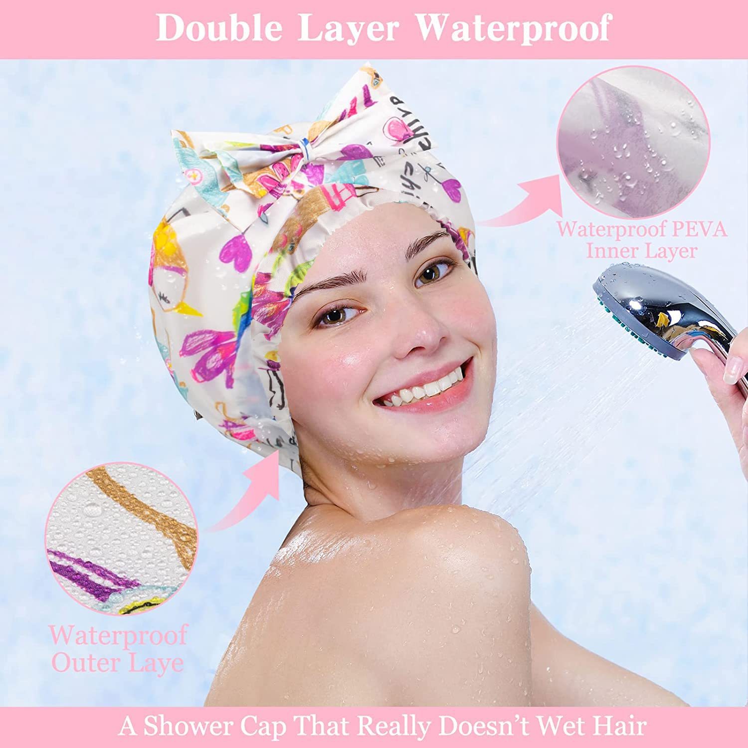 2 Pcs Shower Caps, Reusable & Extra Large & Adjustable & Double Layer Waterproof Bow Knot Hair Reusable Cap For Women, Waterproo
