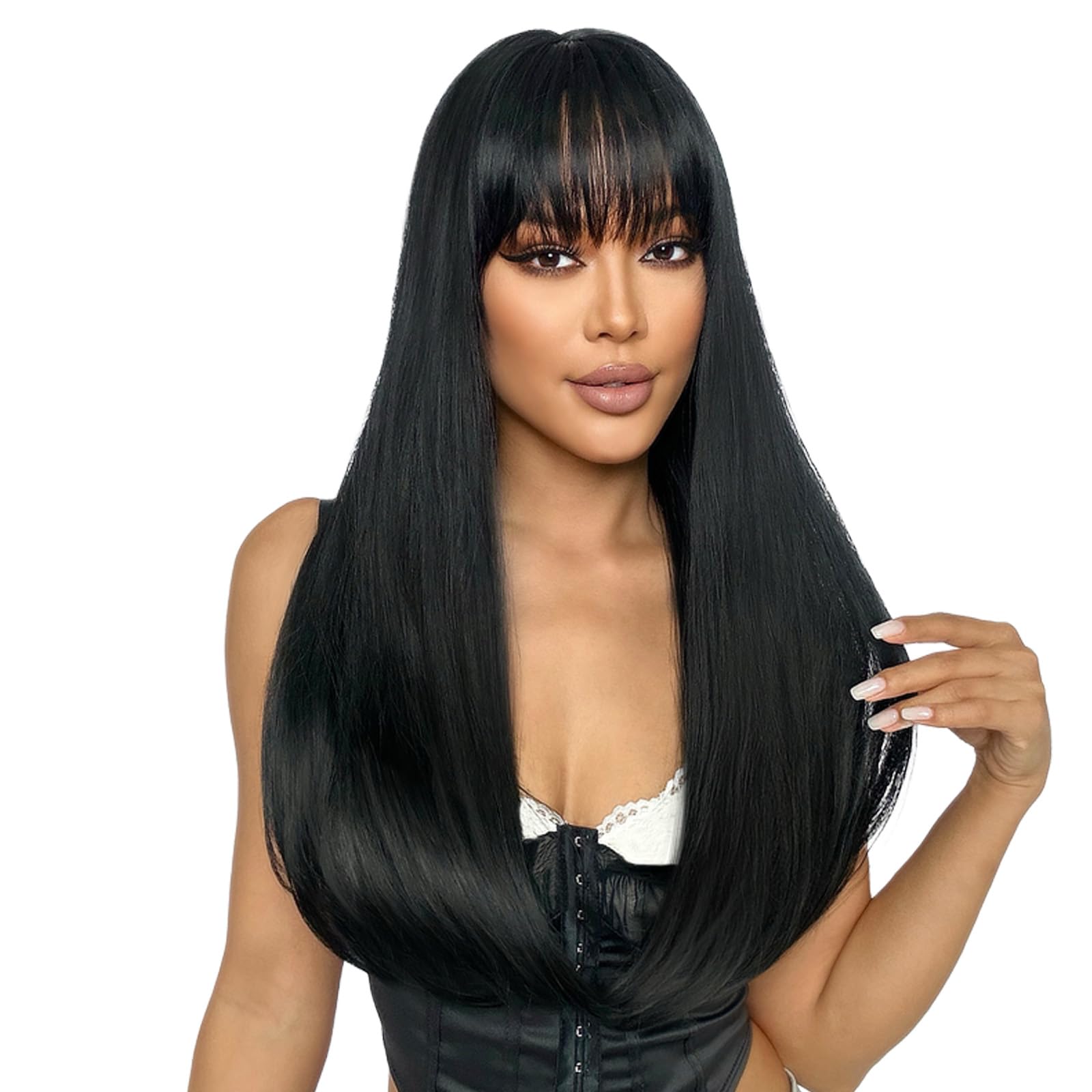 SUKRI Long Straight Black Wig with Bangs Natural Black Hair Wigs for Women Synthetic Heat Resistant Wigs for Girls Daily Party U