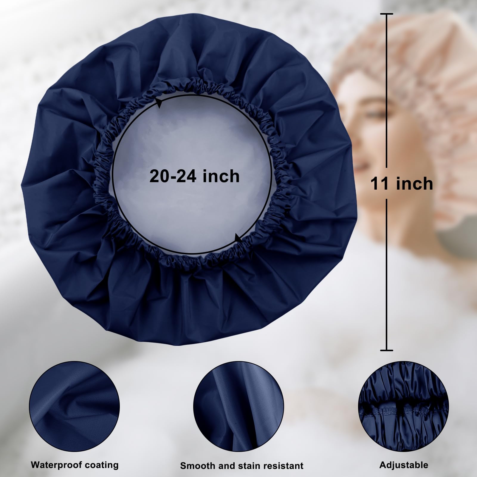 Reusable Shower Cap For Women, Large Waterproof Shower Bonnet Washable Elastic Band Bath Hair Hat For Long Hair, Braids(Navy)