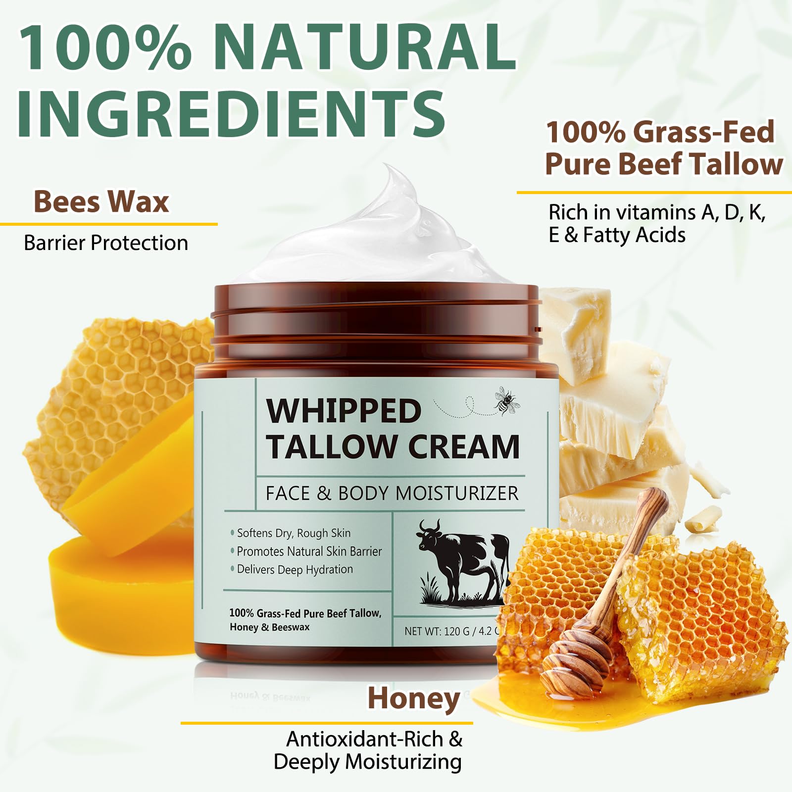 Beef Tallow For Skin, 2Pcs Tallow And Honey Balm, Beef Tallow For Face, Organic Grass Fed Whipped Beef Tallow With Honey Beeswax