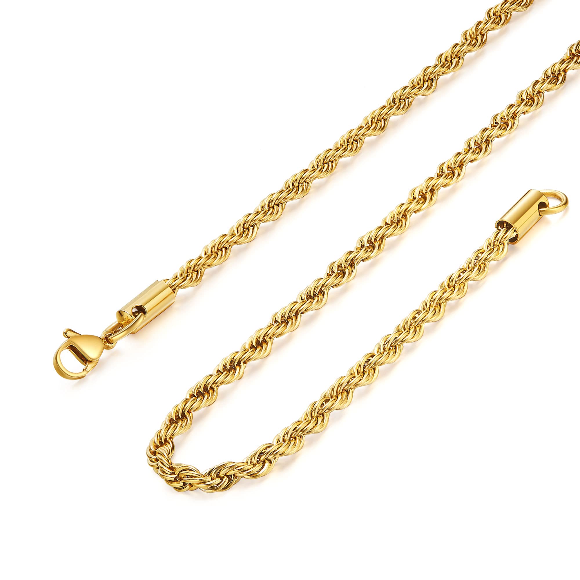 Giftall 3MM Rope Chain Necklace Stainless Steel Twist Rope Chain Necklace for Men Women 24 Inches 18K Real Gold Plated