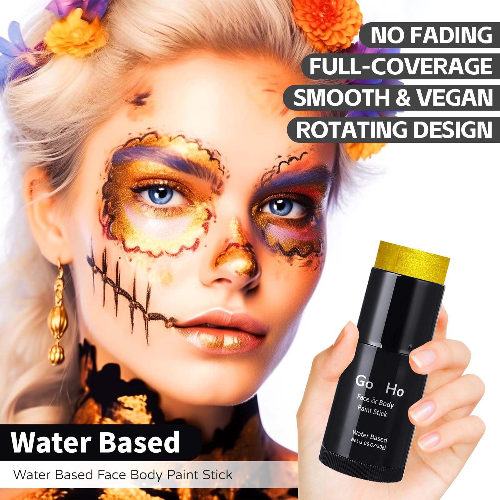 Go Ho Metallic Gold Face Body Paint Stick,Water Based Washable Gold Face Paint Stick,Non-Toxic Cream Metallic Finish Gold Body P