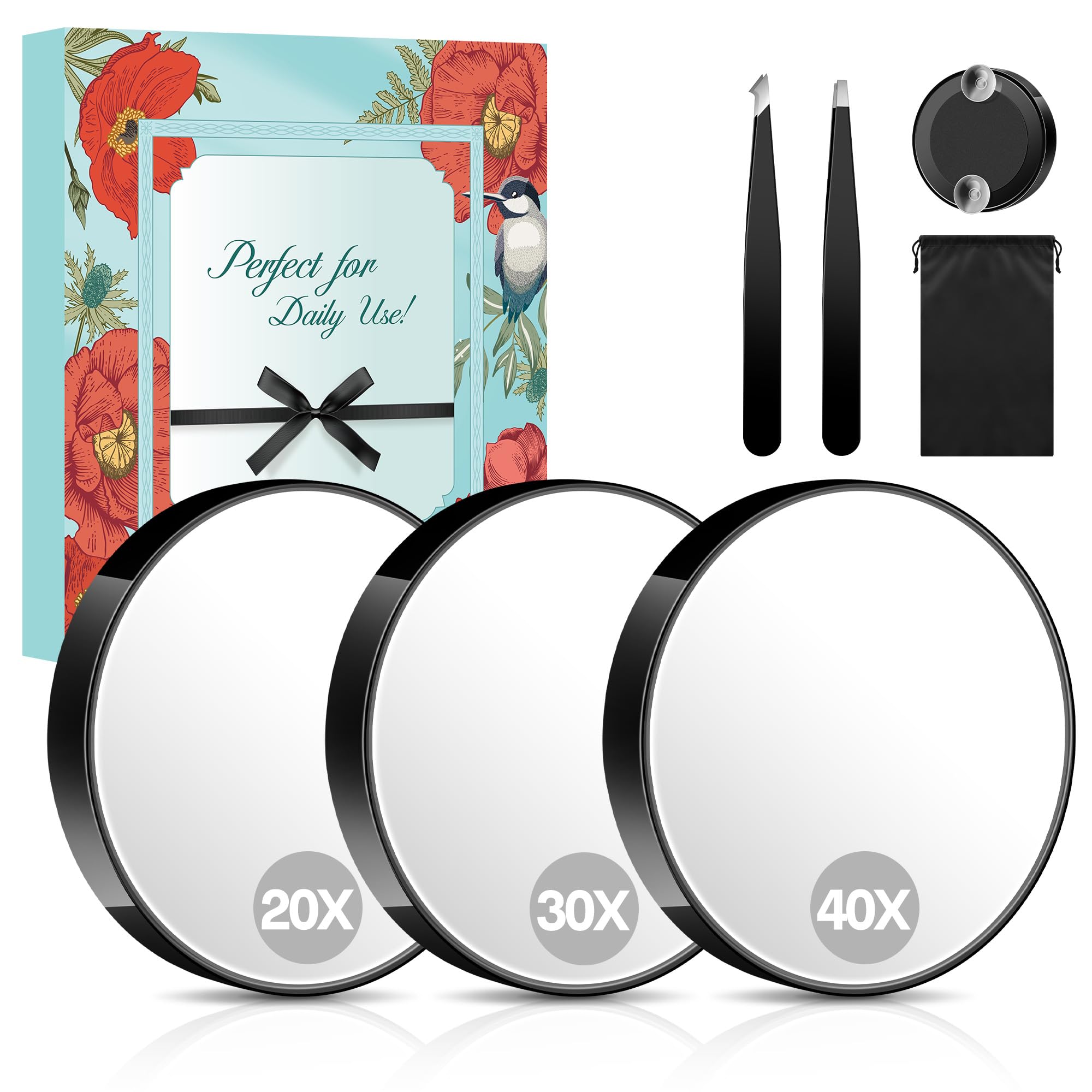 MIYADIVA Magnifying Mirror Set, 20x&30x&40x Suction Cup Makeup Mirror, 2 Tweezers & Storage Bag, 3.5 Inch Compact Mirror for Tra