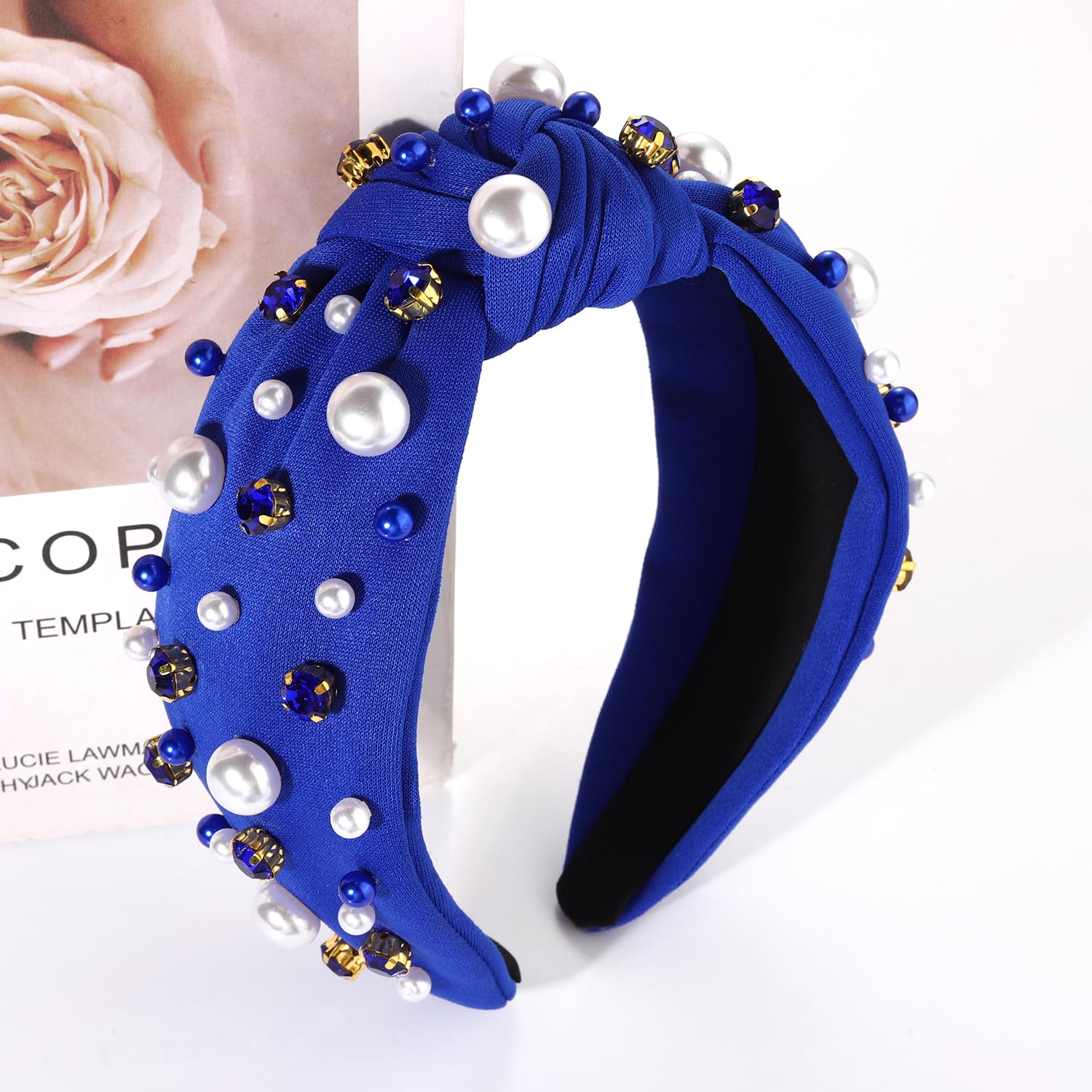 Glbcc Pearl Knotted Headband, Blue, Football Game Day Hairband With Rhinestone Embellishment, Wide Headband For Women, Sports Ha