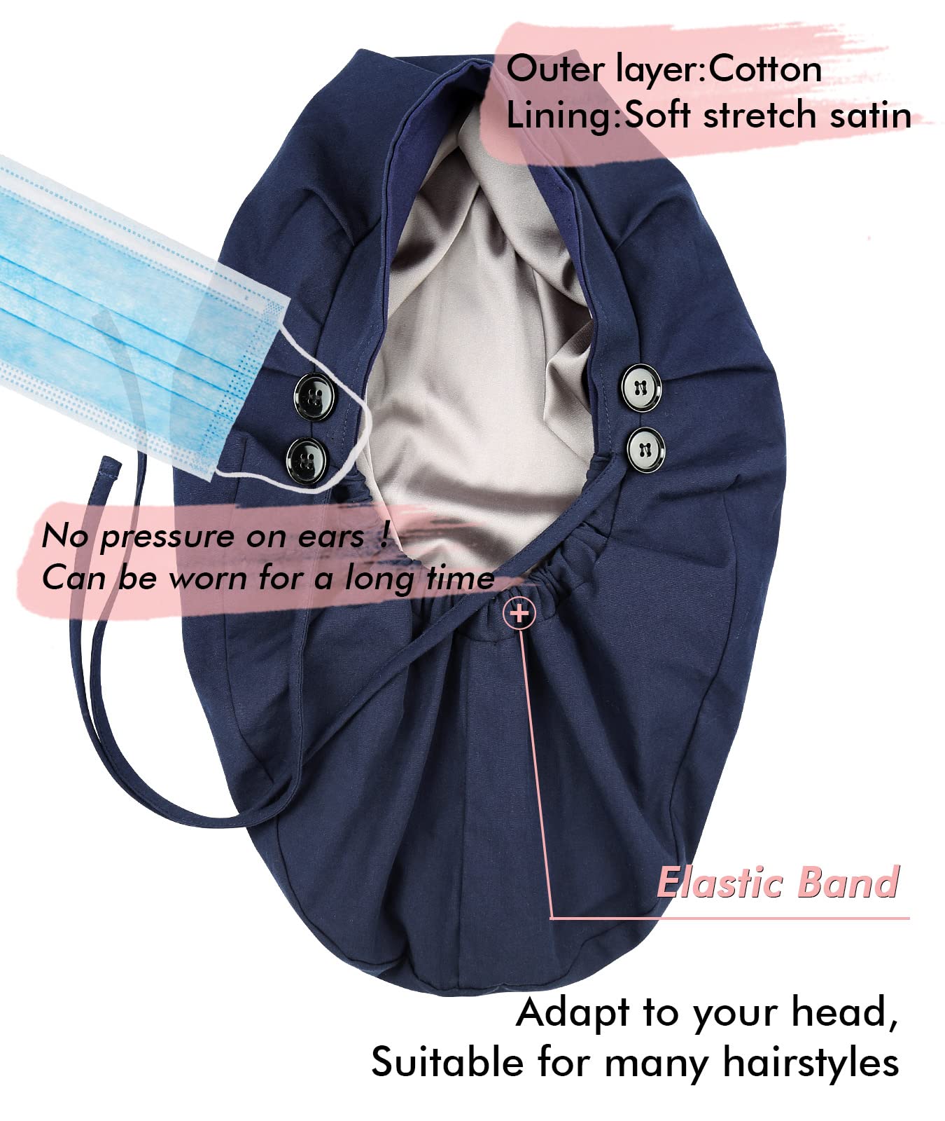Satin Lined Work Cap with Button for Long Hair Women Blue