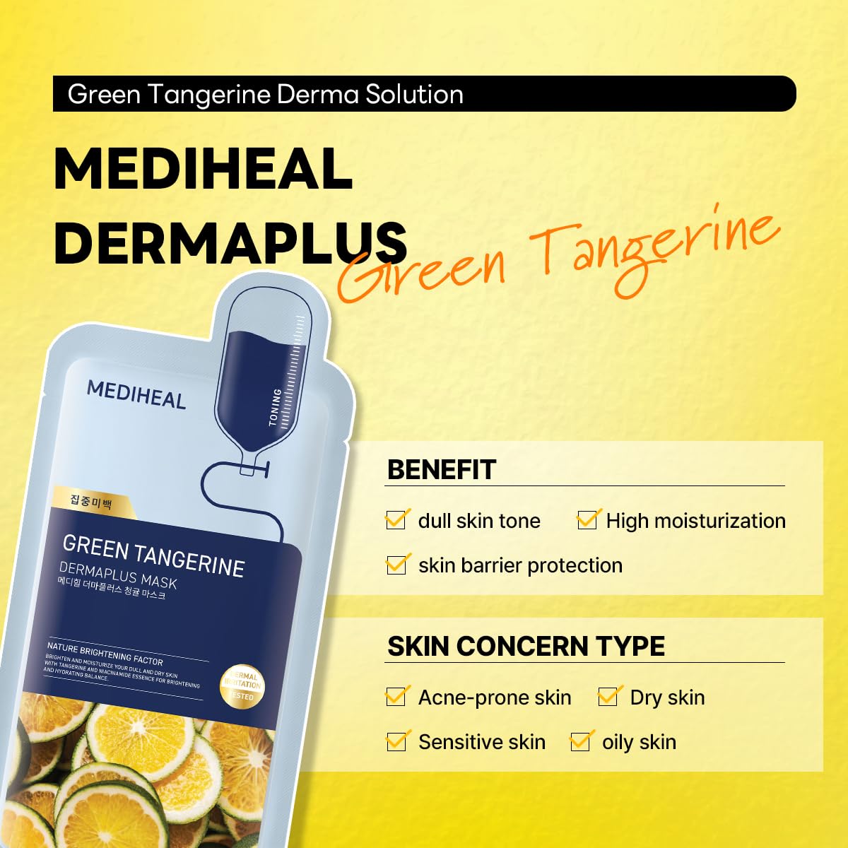Mediheal Dermaplus Green Tangerine Mask (10 Counts) - Daily Vegan Mask For Toning Skin With Panthenol & Hyaluron, Korean Self Sk