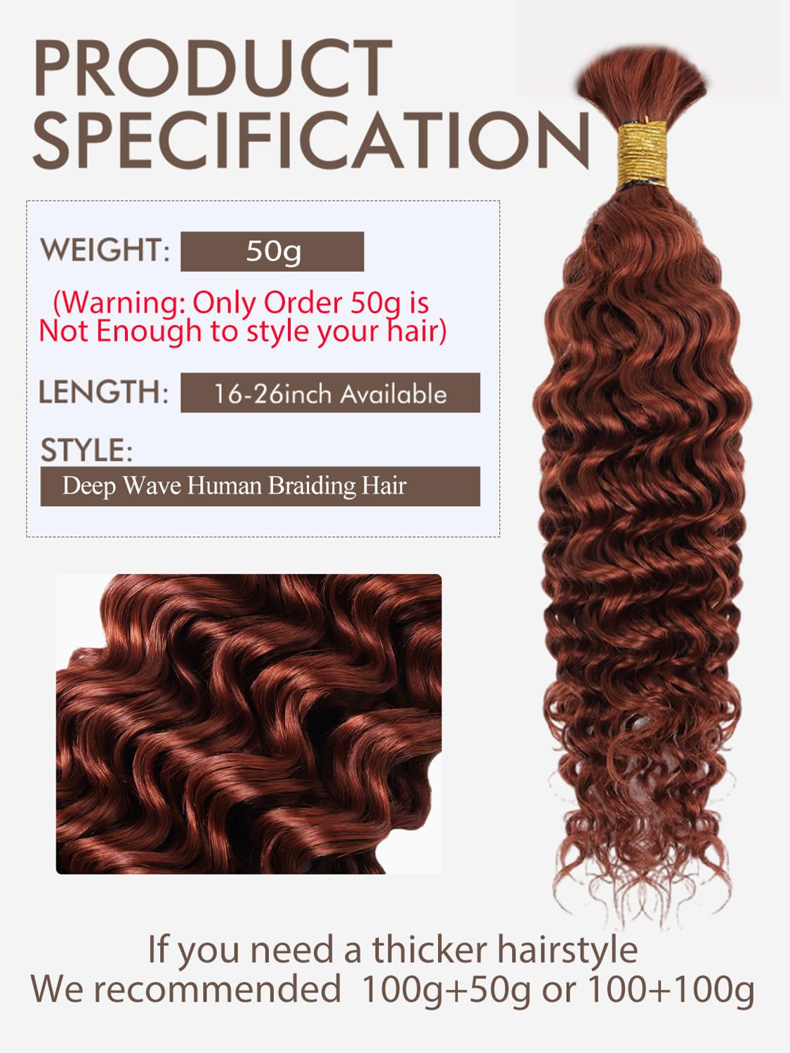 350 Braiding Hair 1 Bundle 50G 24 Inch Dark Ginger Braiding Hair Copper Braiding Hair Extensions Deep Water Wave Bulk Human Hair