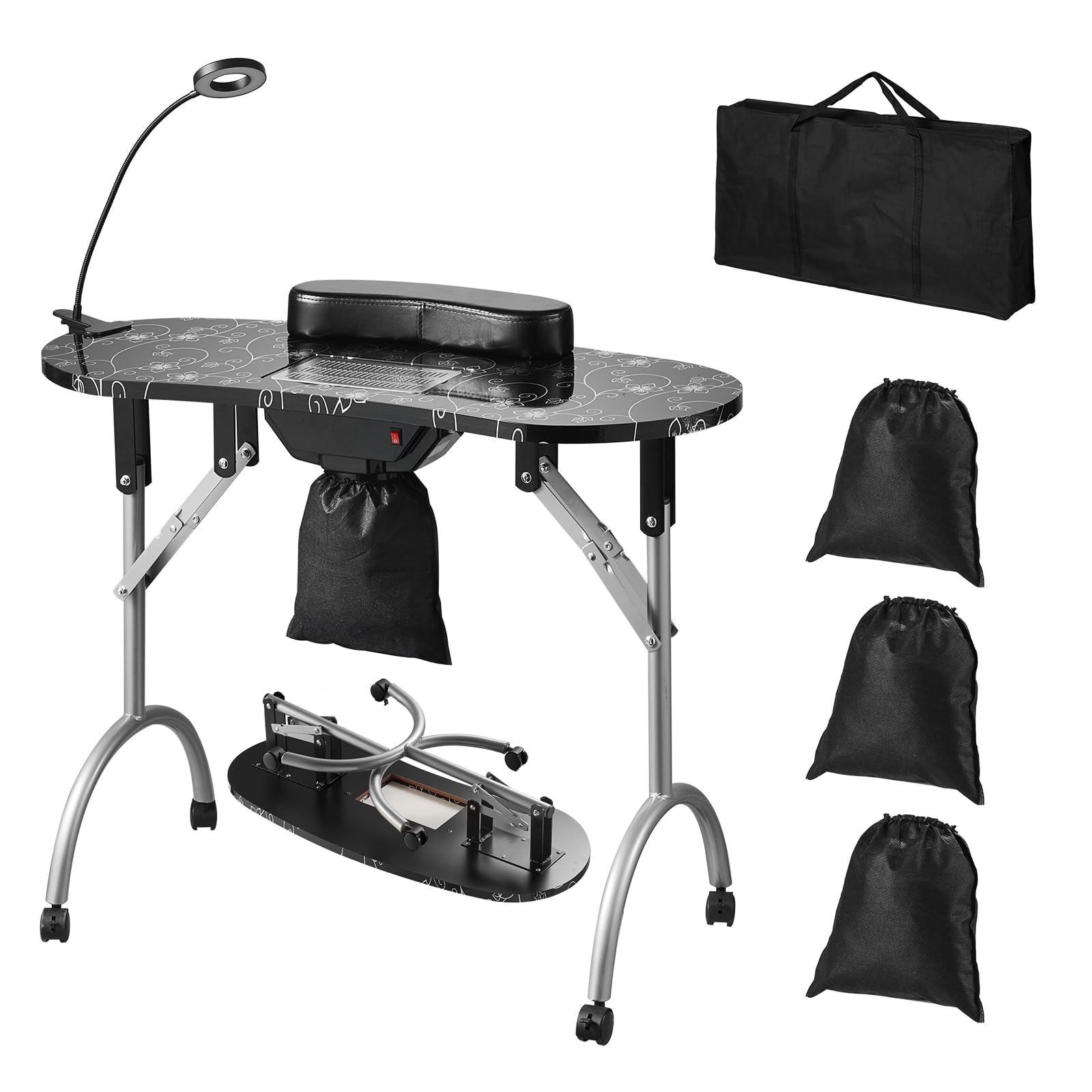 VEVOR Portable Manicure Table, Foldable Nail Table with Electric Dust Collector, Moveable Nail Tech Desk & 4 Wheels, 3 Dust Bags
