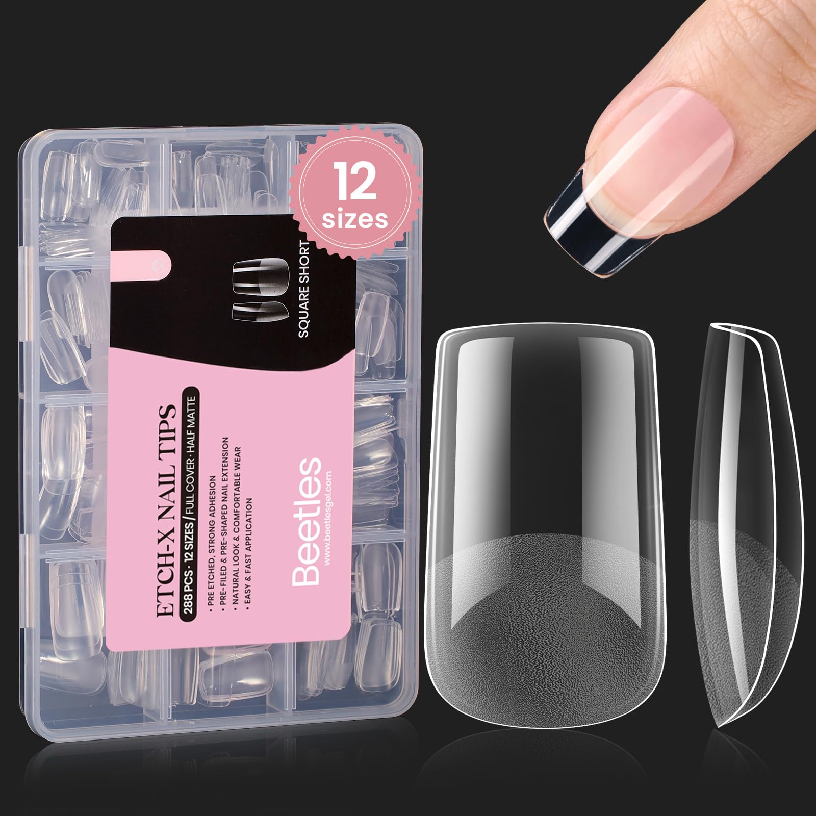 Beetles Short Square Gel Nail Tips 12 Sizes 288 PCS Half Matte Full Cover False Nails Clear Acrylic Nails Glue on Nails for Girl