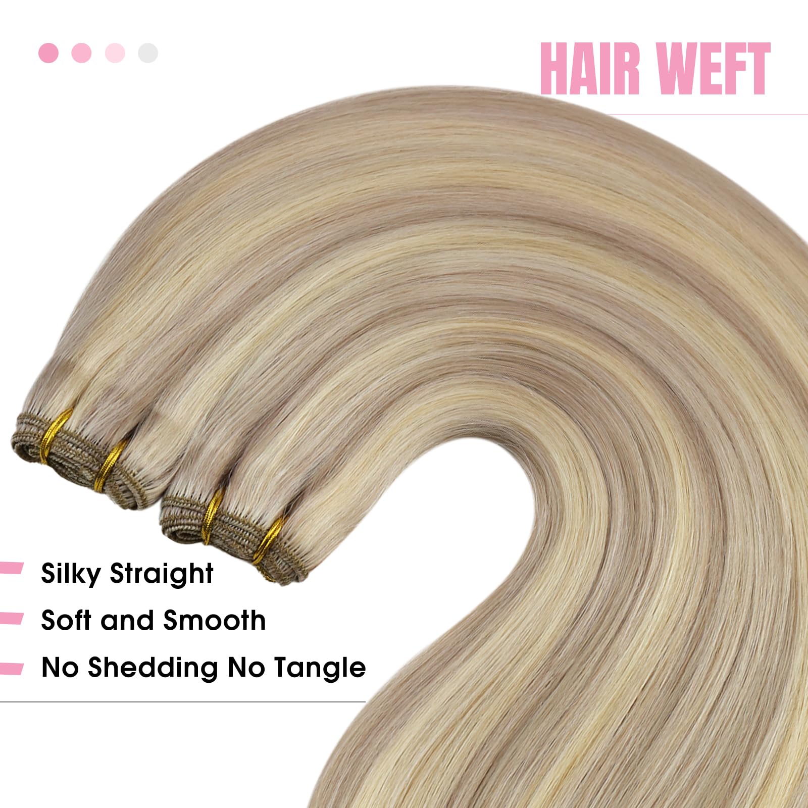 YoungSee Weft Hair Extensions, Highlight Sew in Hair Extensions Real Human Hair, Warm Ash Blonde Highlights Bleach Blonde Highli