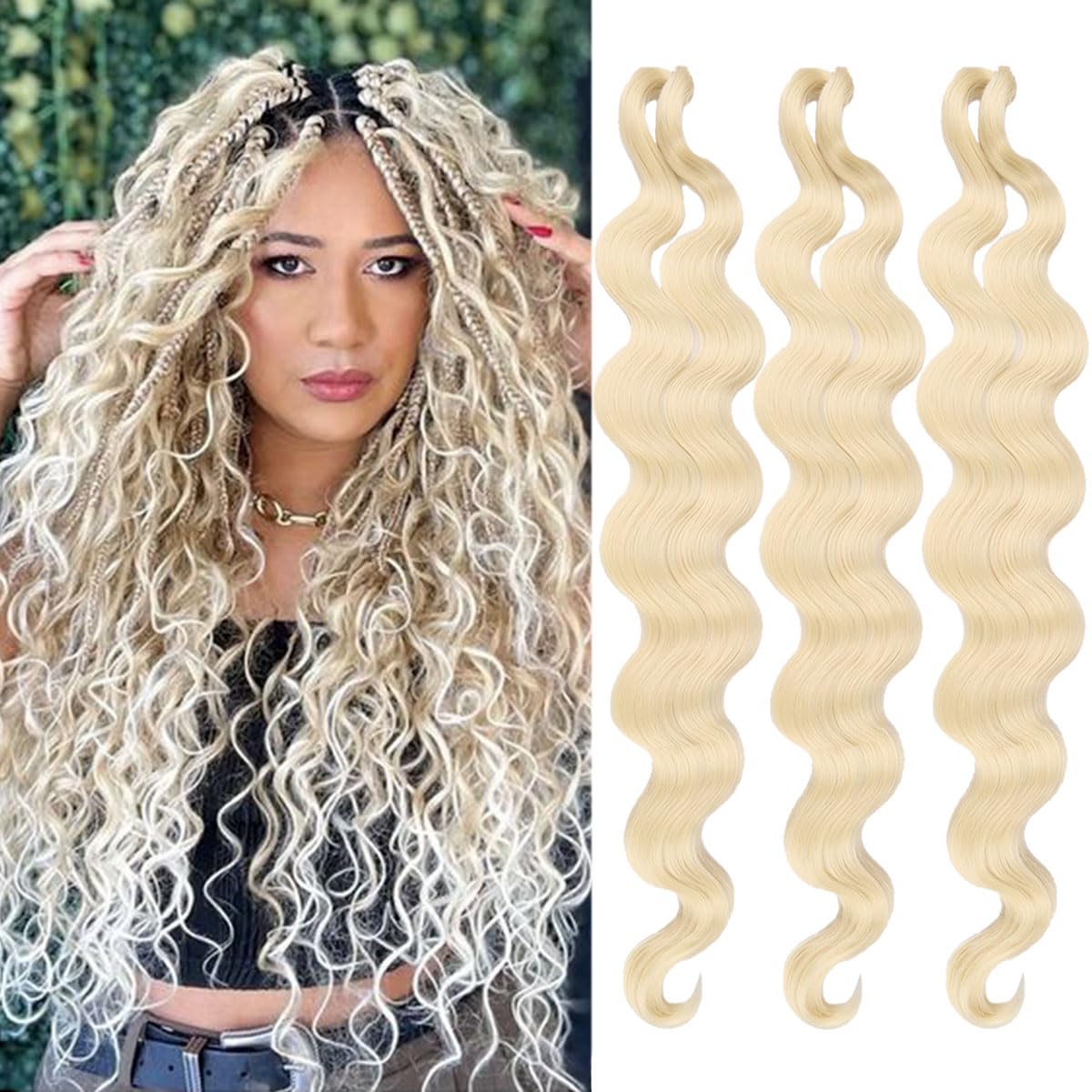 COOKOO 3 Packs Body Wave Braiding Hair 18 Inch Pre-Feathered French Curl Wavy Braiding Hair Premium Bouncy Wavy Texture Braiding