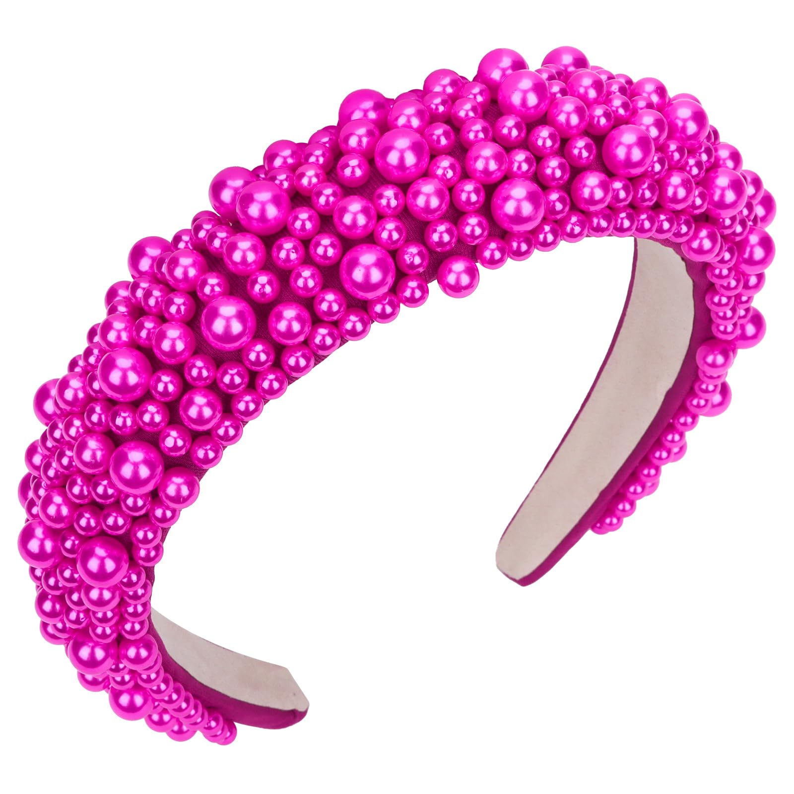 Wecoe 1pc Pearl Headband - Hot Pink Fancy Puffy Headband, Thick Beaded Padded Hair Accessory for Women, Girls, Holiday Gift