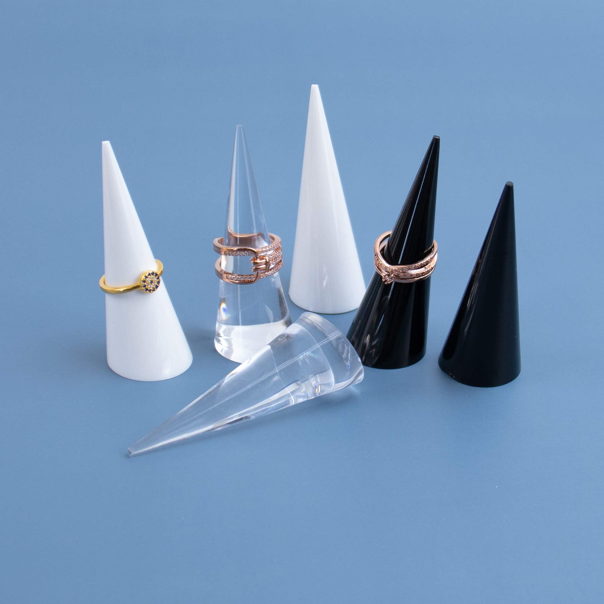 AUEAR, 6 Pack Cone Shape Acrylic for Jewelry Showcase Display Stand (Clear & Black & White)