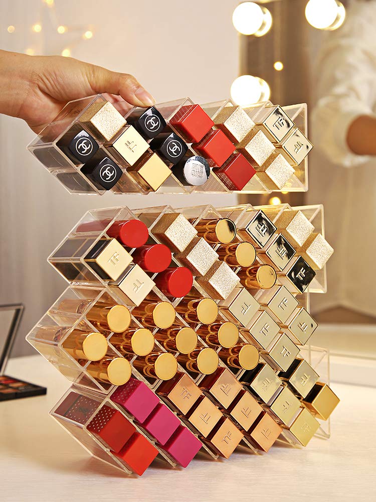 Yiezi Lipstick Holder Organizer 64 Spaces Acrylic Stackable Fish Shape Lipstick Tower, Lip Gloss Storage Stand, Perfect For Lipg