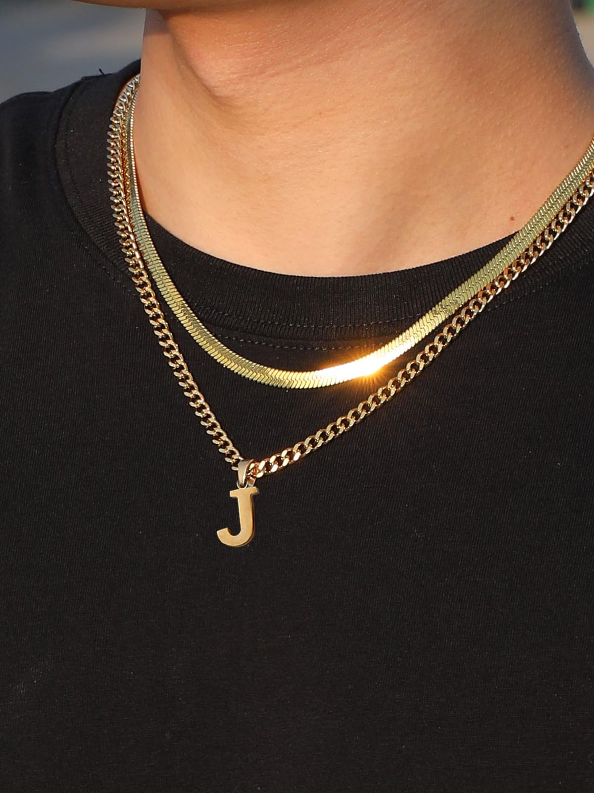 P.BLAKE Layered Initial H Pendant Necklace for Men, Stainless Steel Letter Cuban Link Herringbone Chain Jewelry Collar Cadenas P