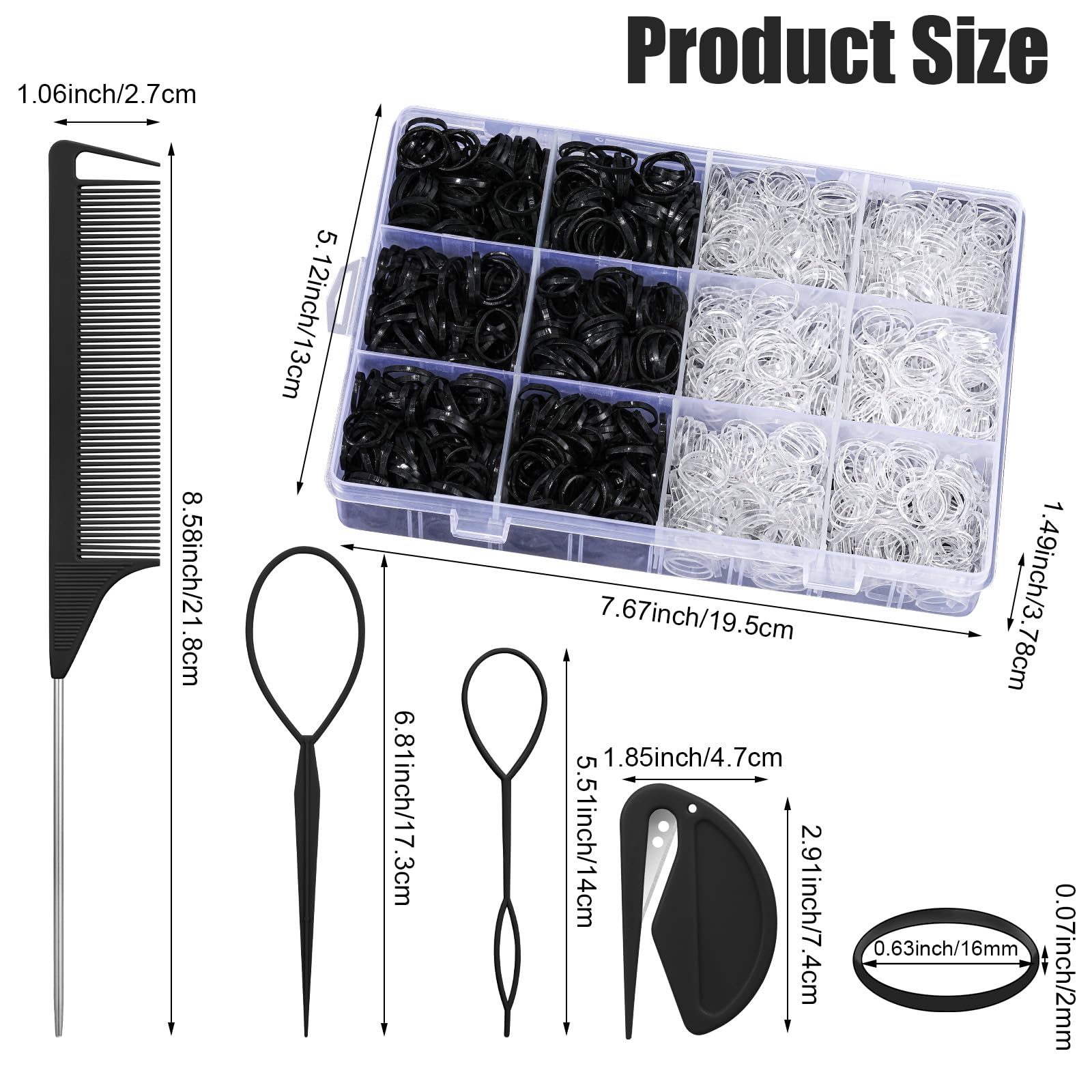 2200 Pcs Elastic Hair Bands With Hair Loop Styling Tool Set, Clear Mini Hair Bands And Black Elastic Hair Ties With Rubber Band