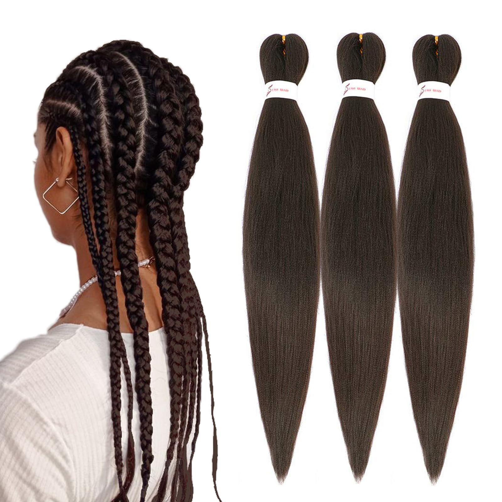 Chocolate Brown Braiding Hair Pre stretched Synthetic Braiding Hair Extensions Prestretched 3pcs 26inch Yaki Texture Dark Brown 
