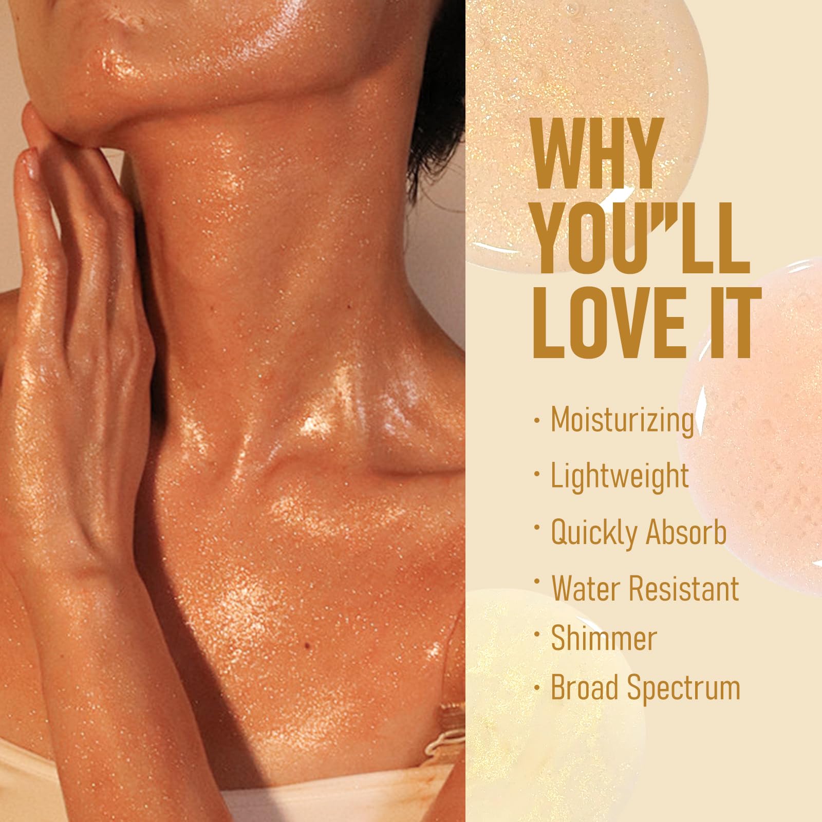Sunscreen Body Glow Oil, Broad Spectrum SPF 45, Lightweight Water Resistant Shimmering Body Oil with Gold Mica, Moisturizing Coc